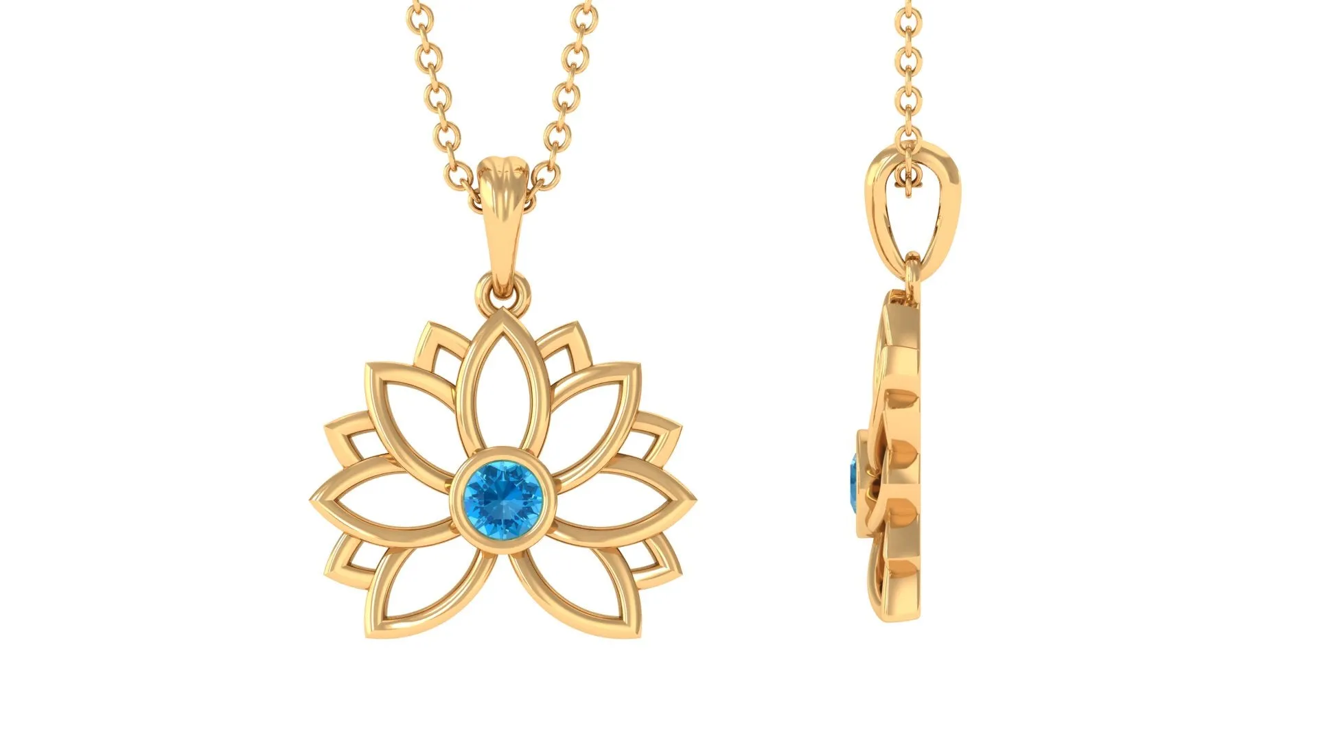 3 MM Solitaire Swiss Blue Topaz Lotus Flower Necklace For Women