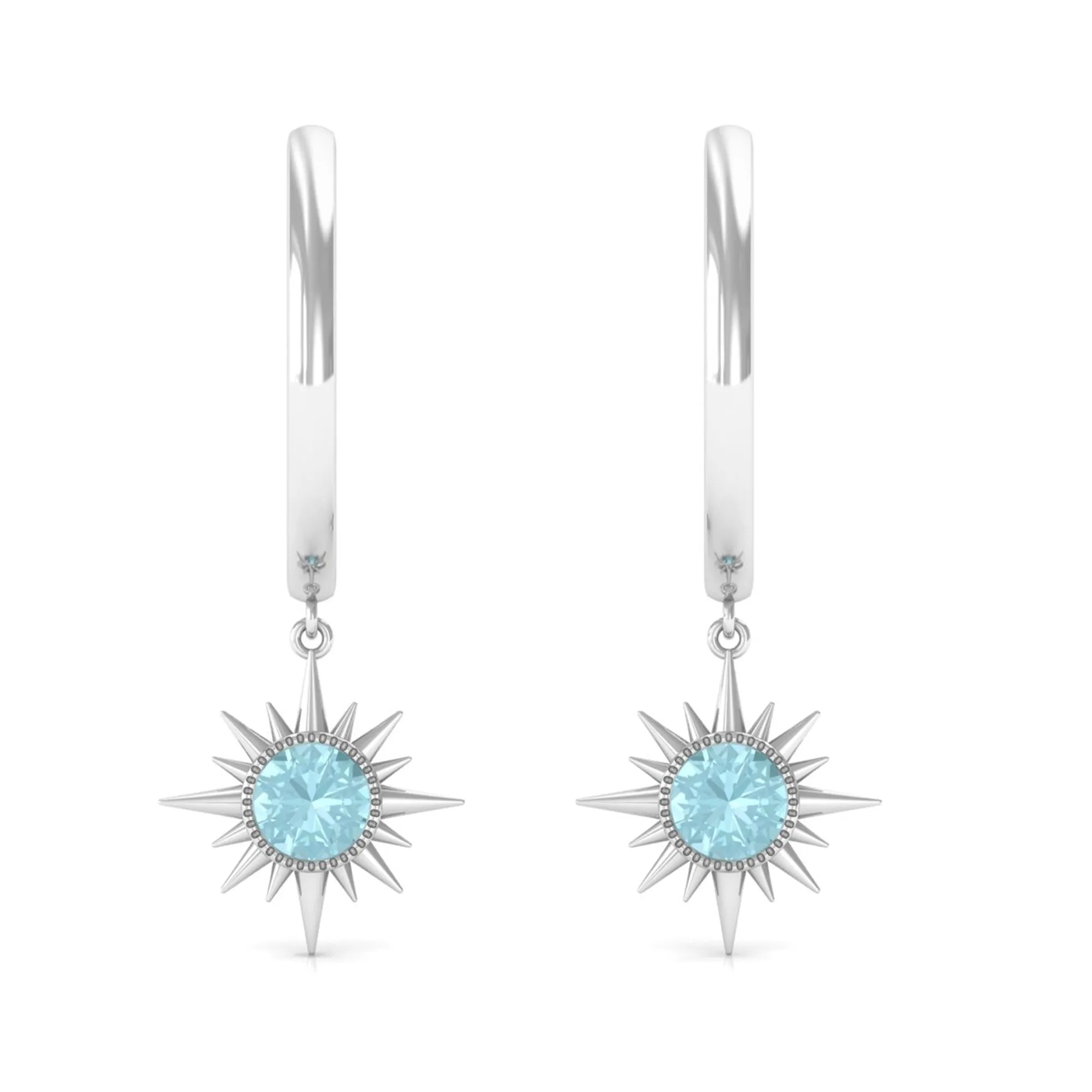 3/4 CT Milgrain Bezel Set Sky Blue Topaz Sunburst Drop Hoop Earrings