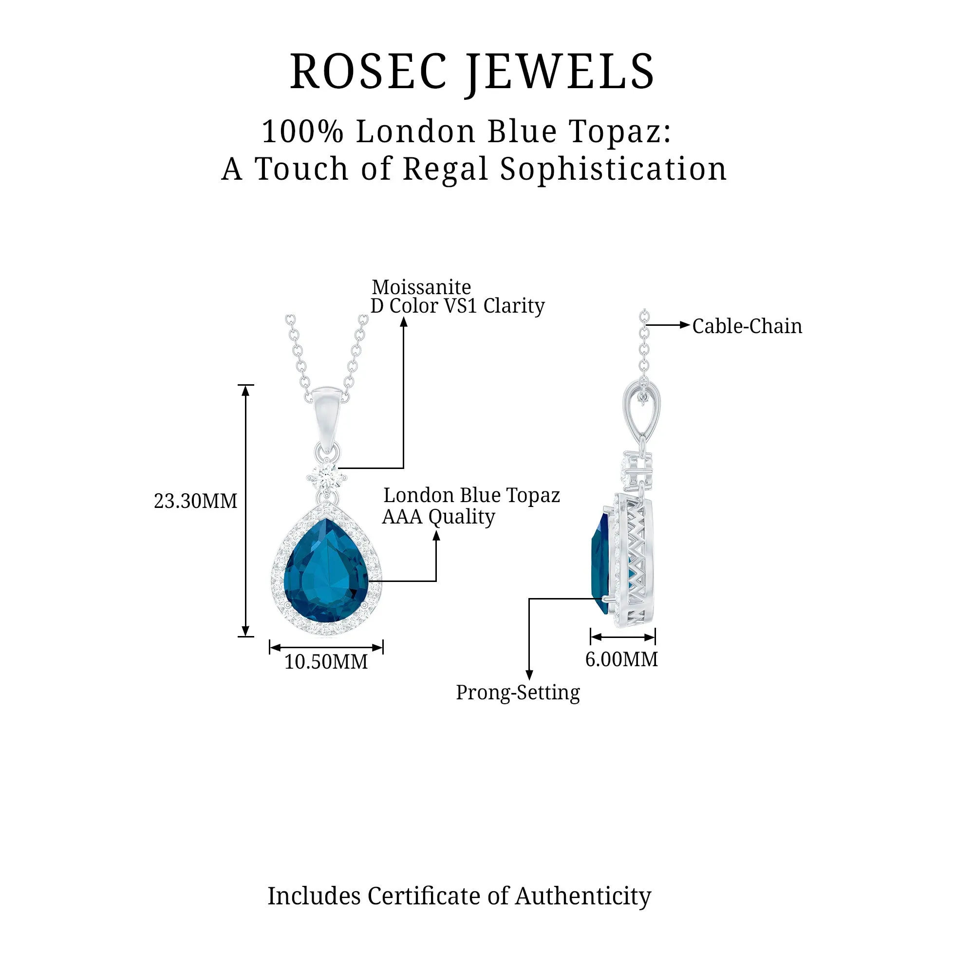 4.25 CT London Blue Topaz and Moissanite Halo Pendant Necklace in Silver