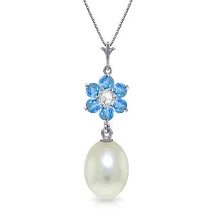 4.53 Carat 14K Solid White Gold Necklace Pearl, Blue Topaz Diamond