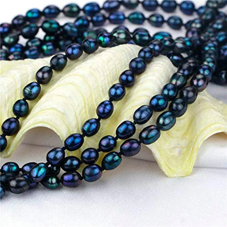 7-8mm Black Rice Shape 120cm Long Pearl Necklace for Women