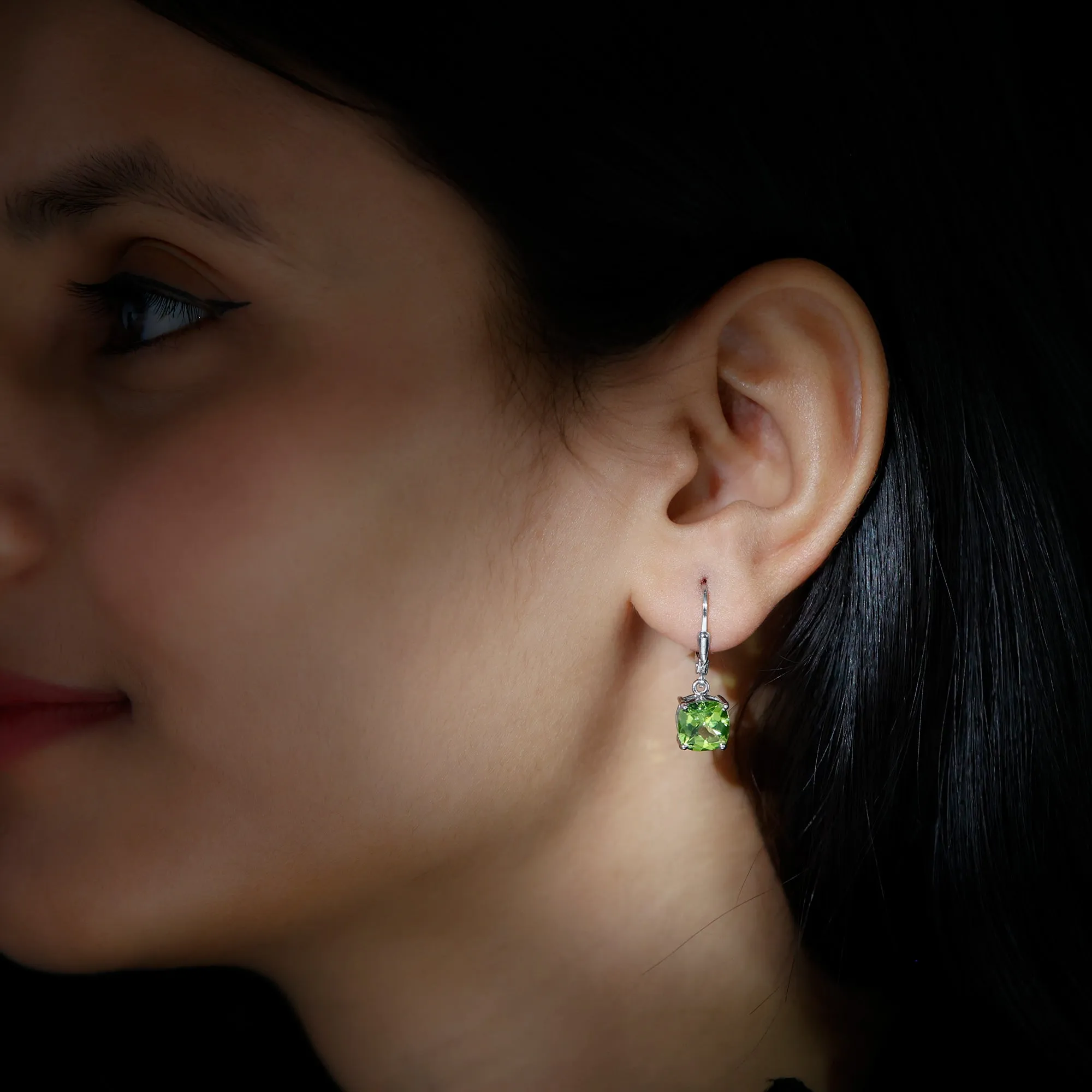 8 MM Cushion Cut Peridot Solitaire Drop Earrings