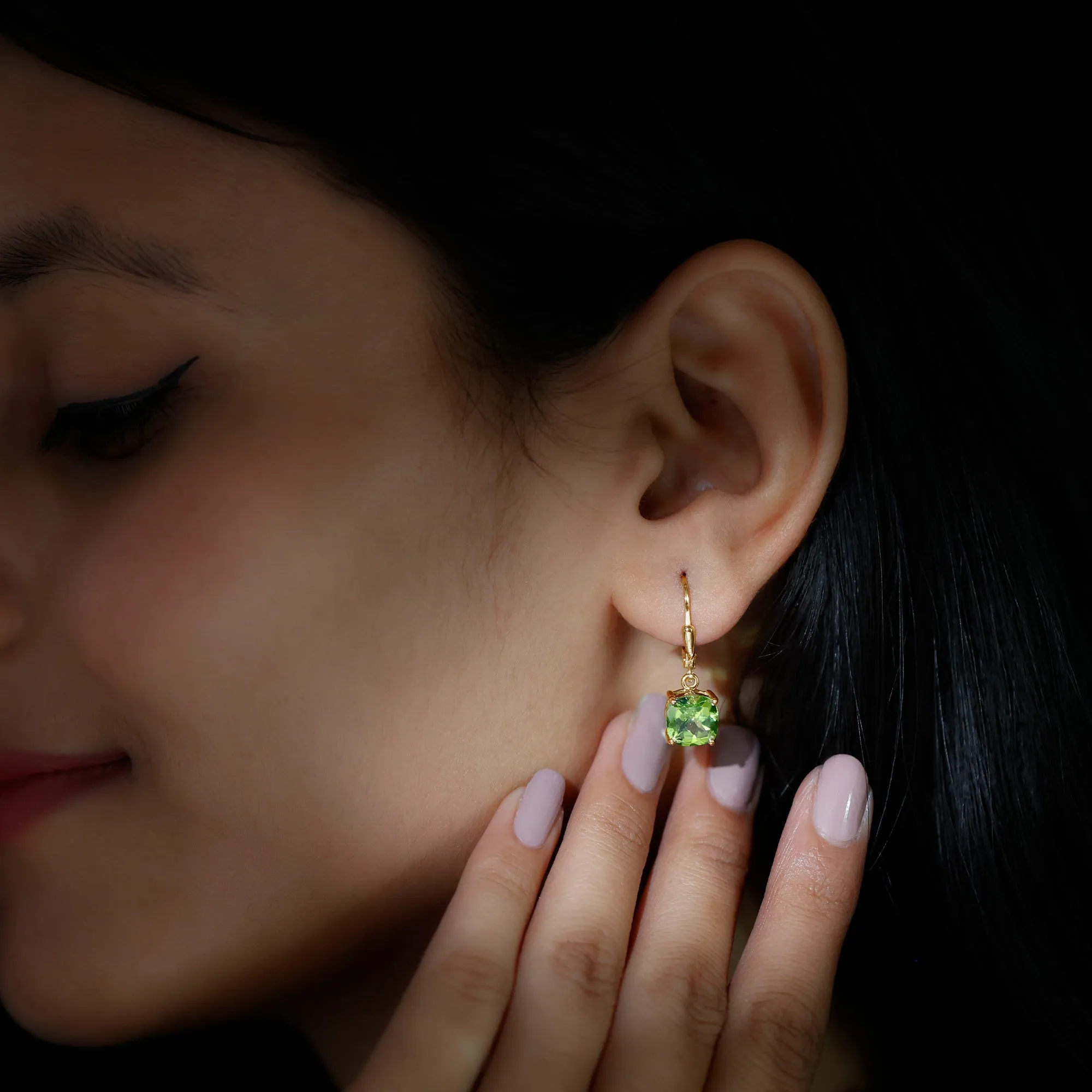 8 MM Cushion Cut Peridot Solitaire Drop Earrings