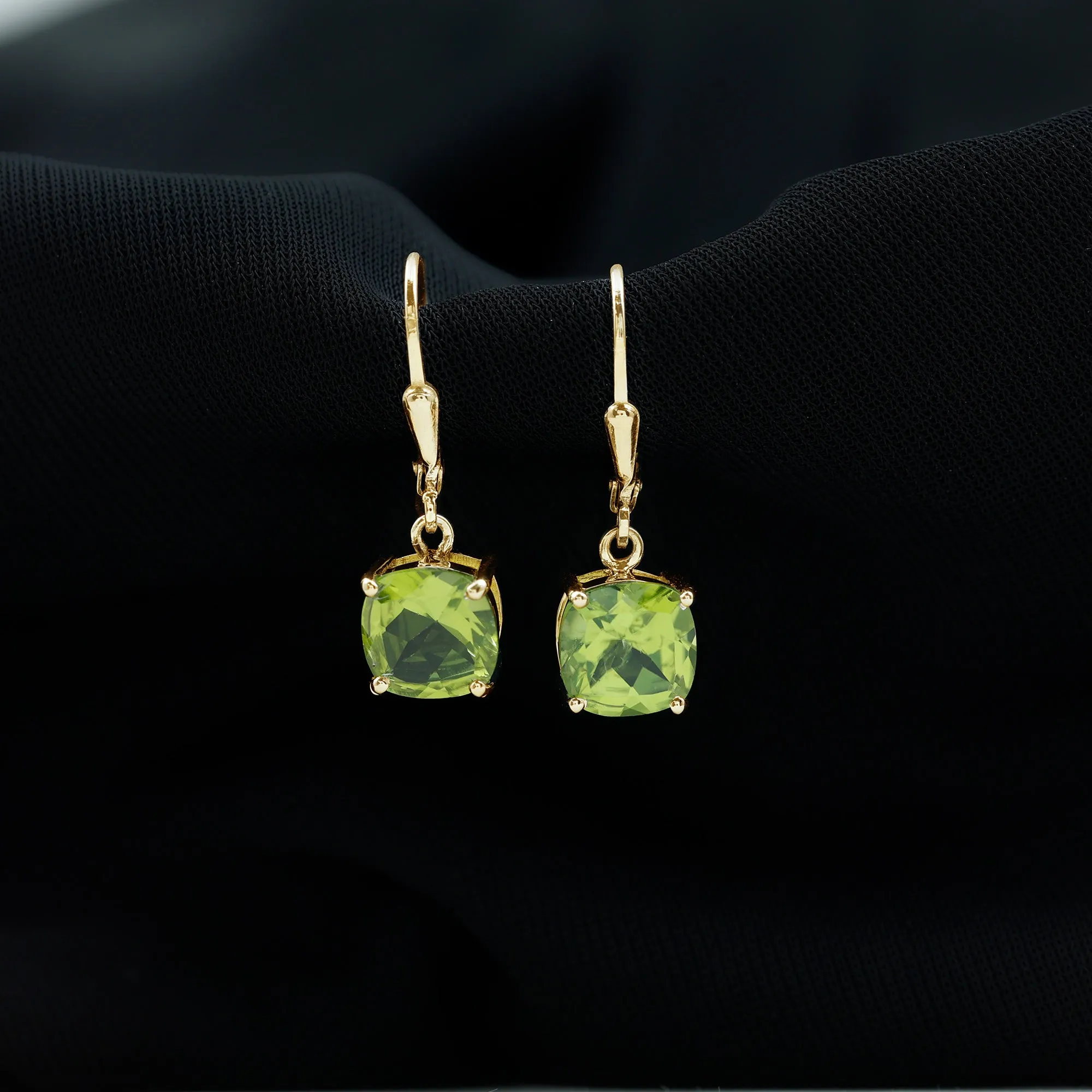 8 MM Cushion Cut Peridot Solitaire Drop Earrings