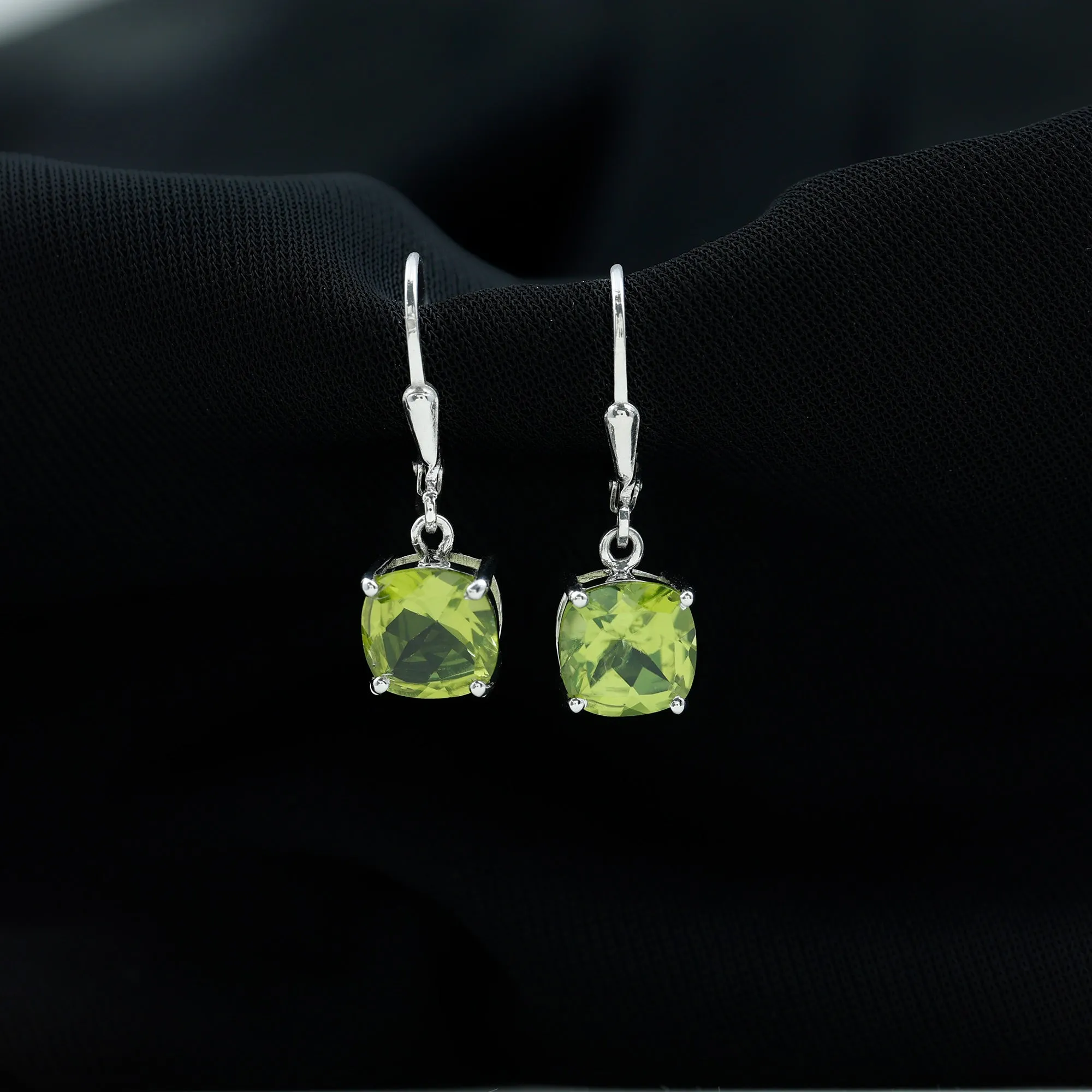 8 MM Cushion Cut Peridot Solitaire Drop Earrings