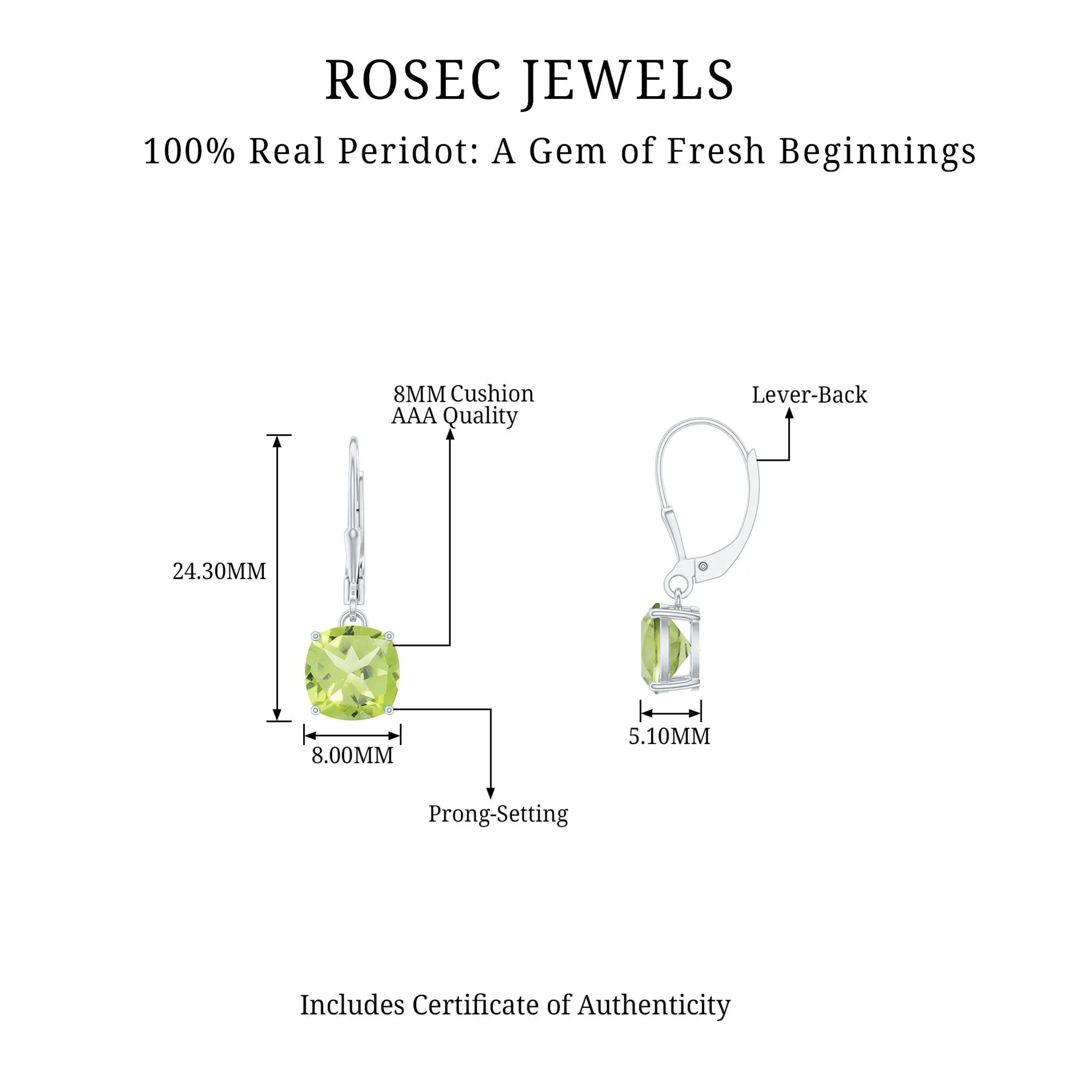8 MM Cushion Cut Peridot Solitaire Drop Earrings