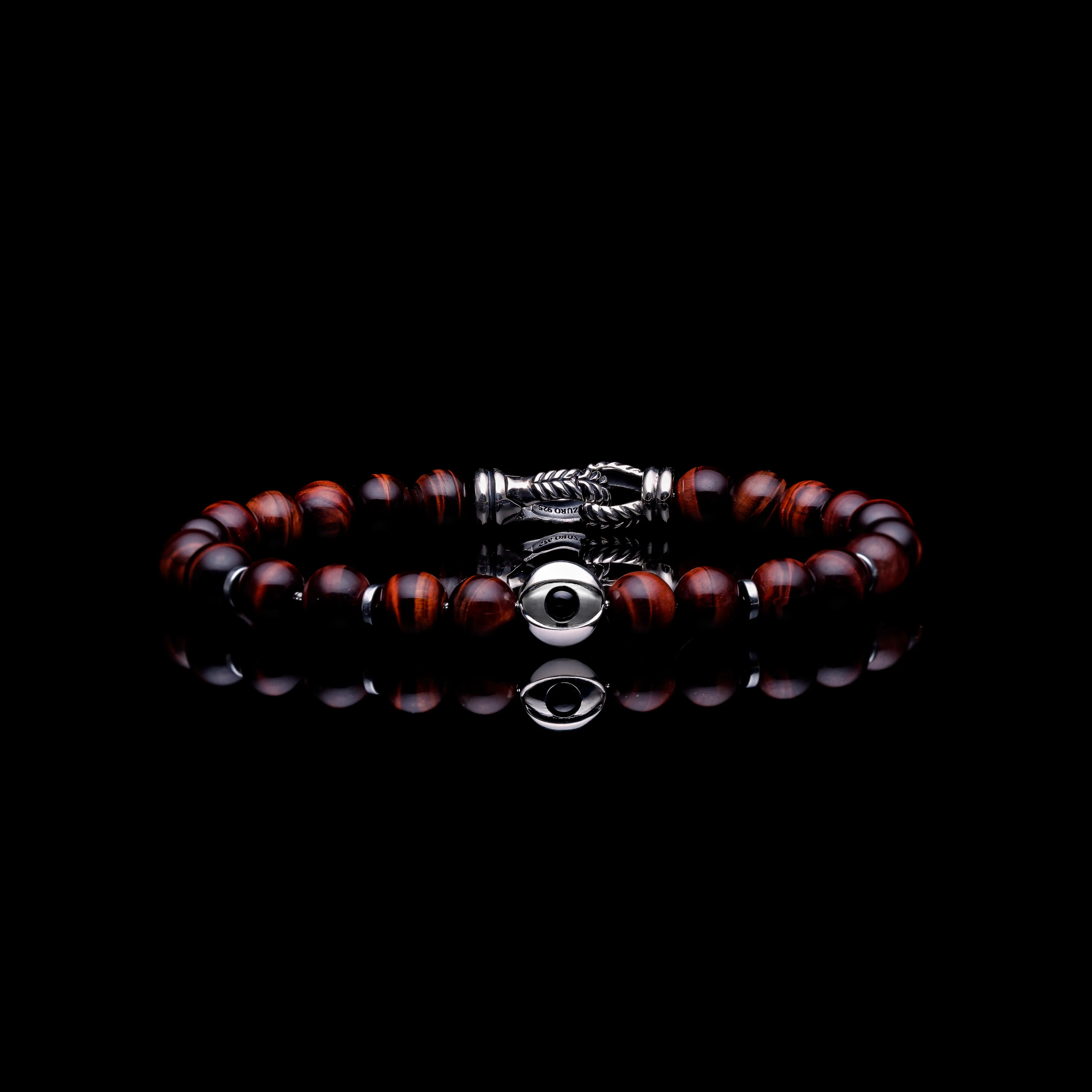 925 Silver Evil Eye Bracelet | Red Tiger Eye Beaded Bracelet In Laurel Clasp