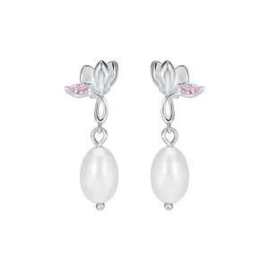 925 Silver Magnolia Flower CZ Diamond Earrings