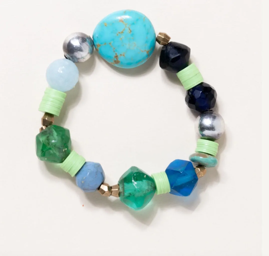 African Vinyl, Mexican Silver, Vintage African trading beads, Aquamarine & Kingman Turquoise