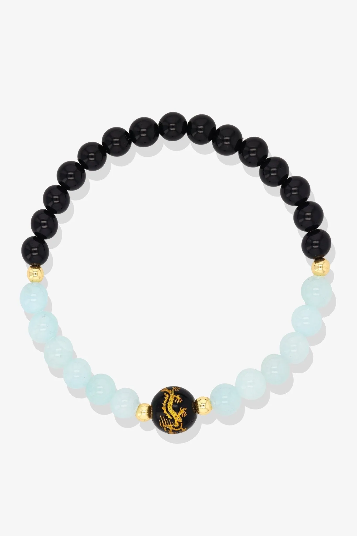 Aquamarine and Black Obsidian Lucky Dragon Feng Shui Bracelet REAL Gold - Serenity