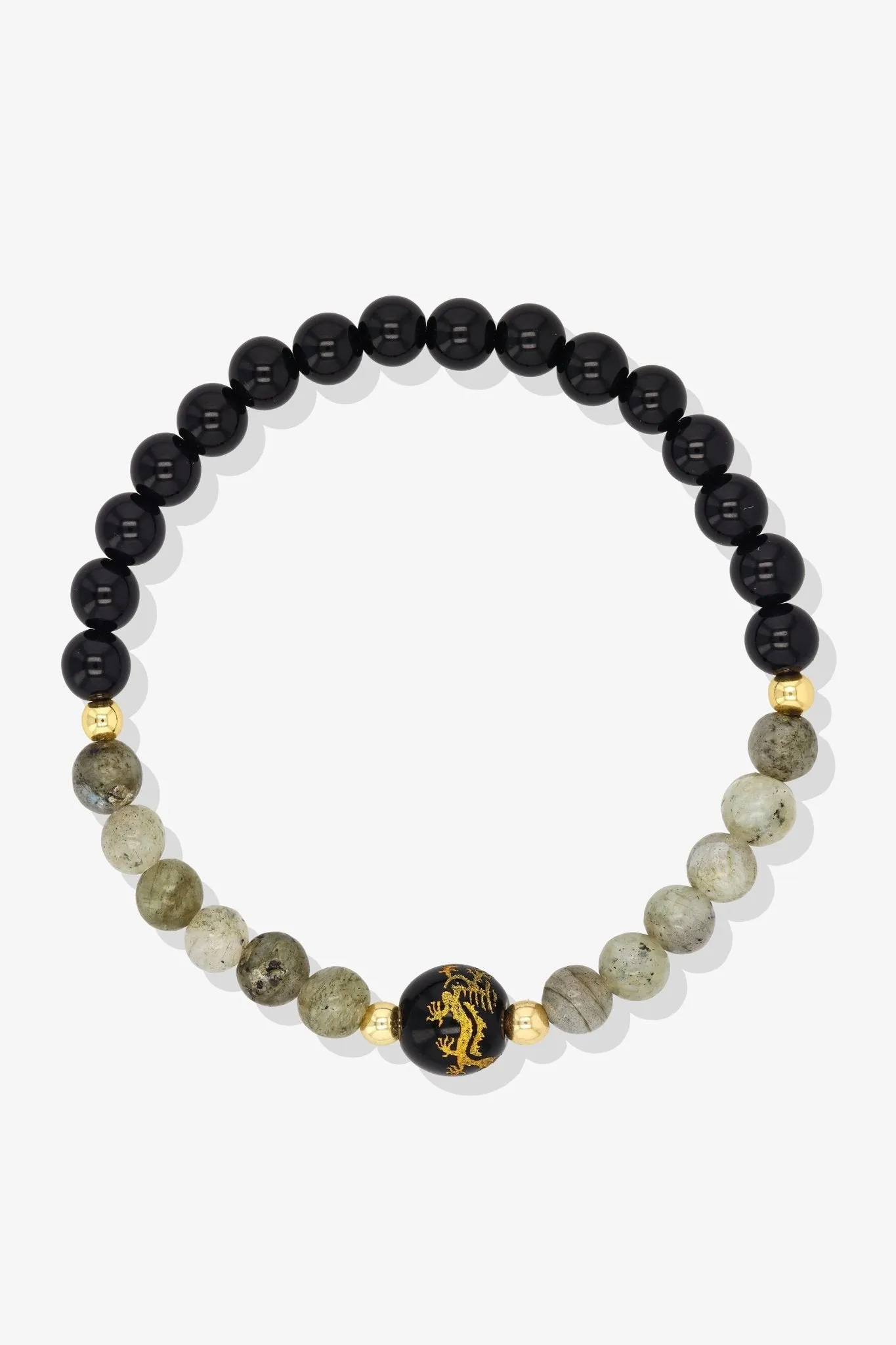 Aquamarine and Black Obsidian Lucky Dragon Feng Shui Bracelet REAL Gold - Serenity