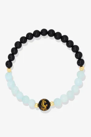 Aquamarine and Black Obsidian Lucky Dragon Feng Shui Bracelet REAL Gold - Serenity