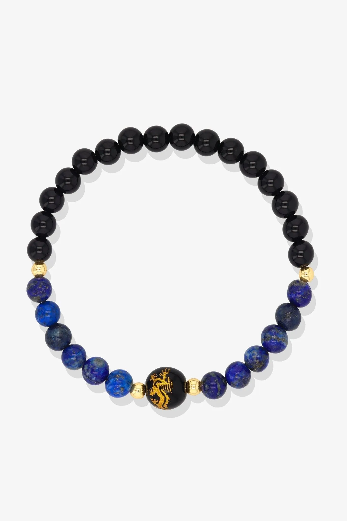 Aquamarine and Black Obsidian Lucky Dragon Feng Shui Bracelet REAL Gold - Serenity