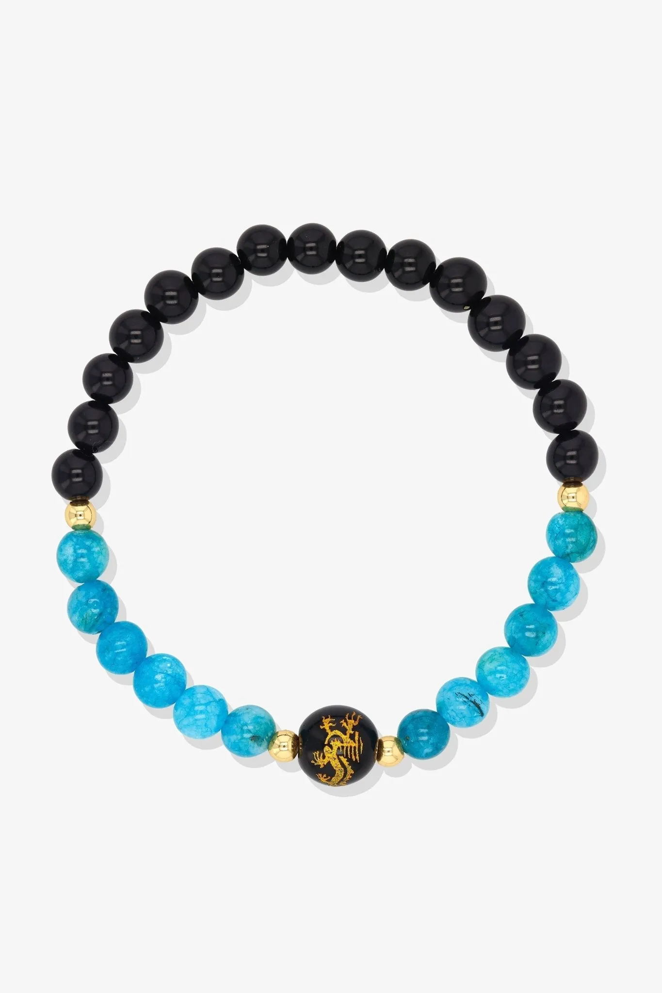 Aquamarine and Black Obsidian Lucky Dragon Feng Shui Bracelet REAL Gold - Serenity