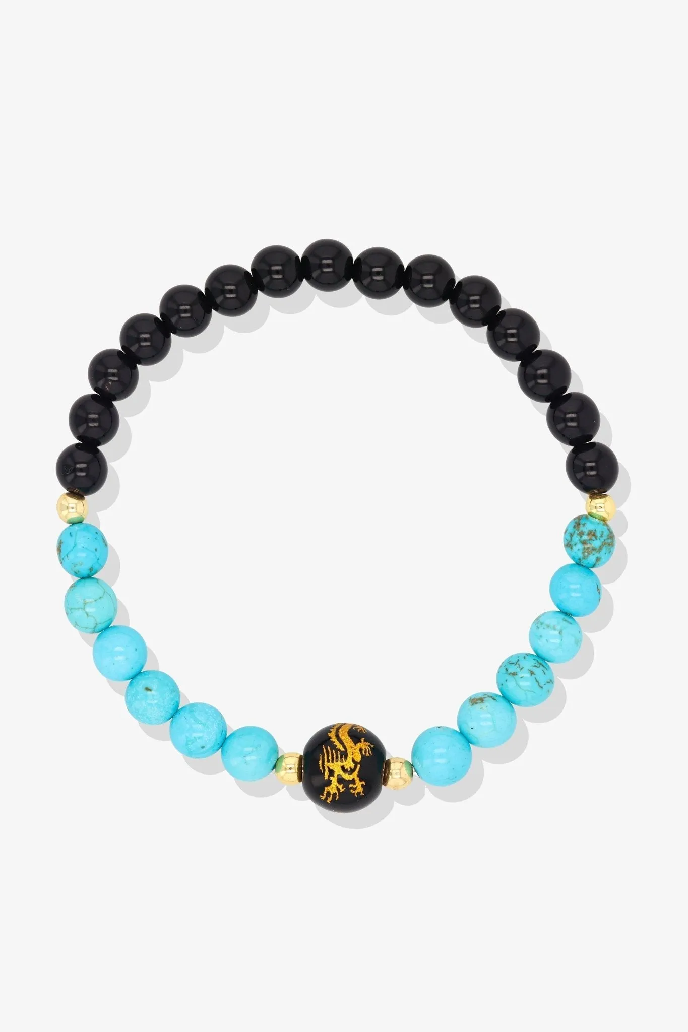 Aquamarine and Black Obsidian Lucky Dragon Feng Shui Bracelet REAL Gold - Serenity