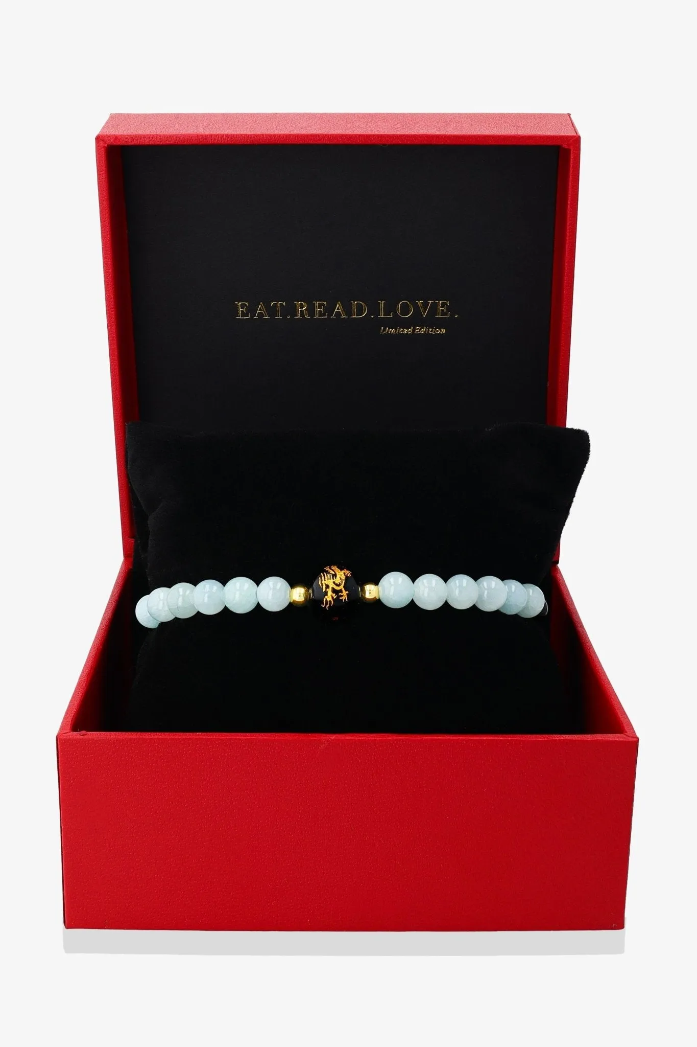 Aquamarine and Black Obsidian Lucky Dragon Feng Shui Bracelet REAL Gold - Serenity