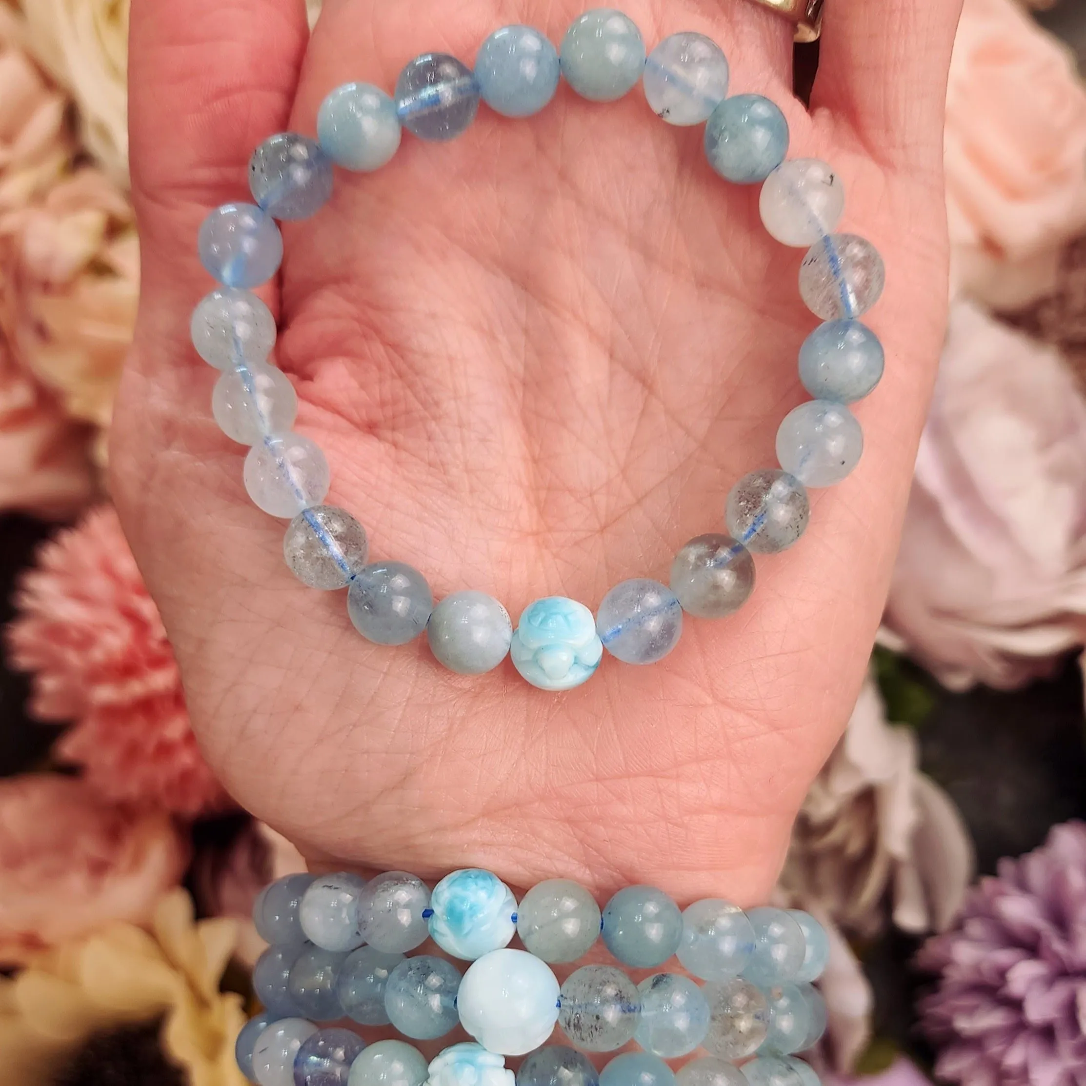 Aquamarine with Larimar Turtle Bracelet for Calm & Tranquility
