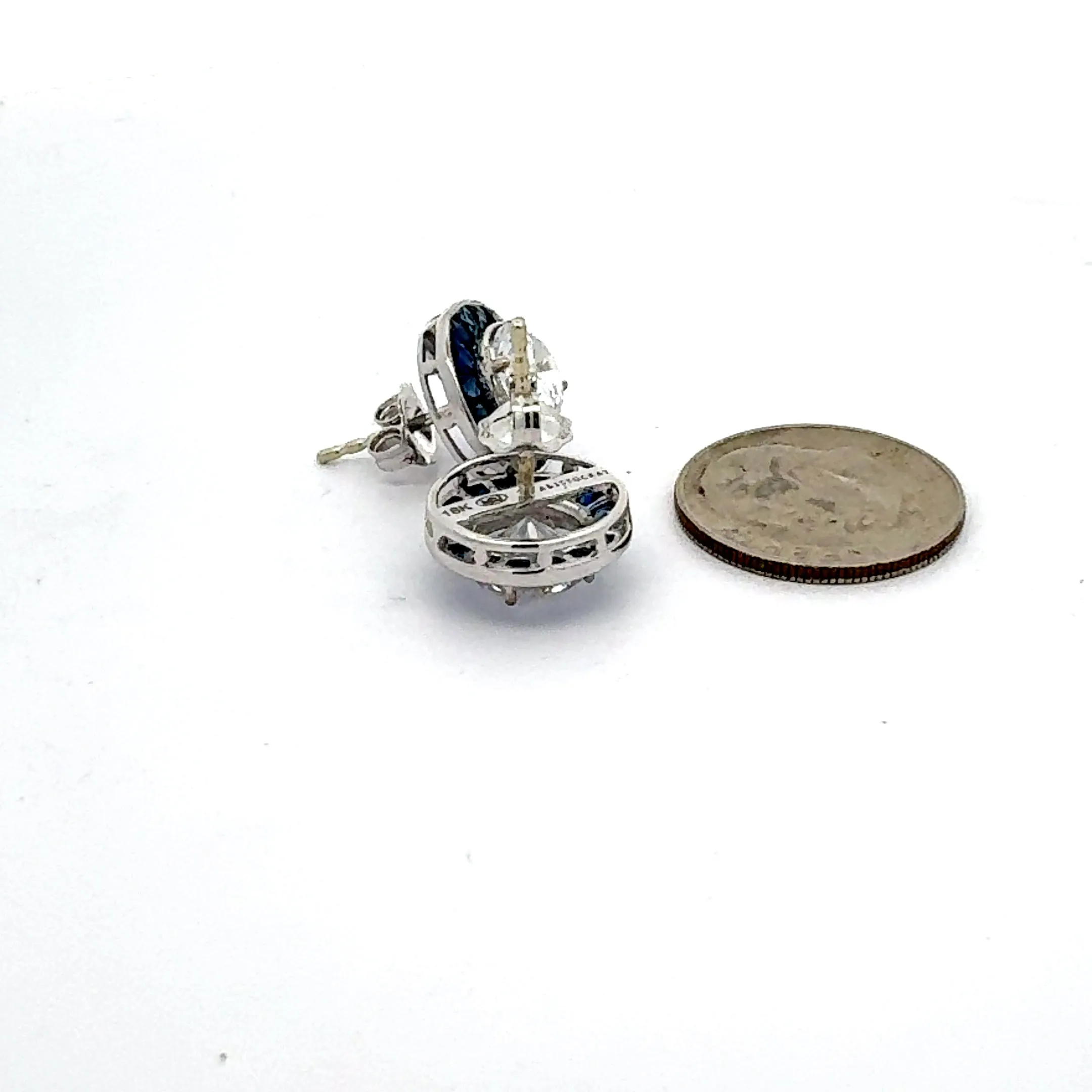 Art Deco Reproduction Aristocrat French Cut Sapphire Diamond Earrings (Center CZ) 11014