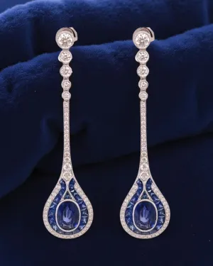 Art Deco Reproduction Aristocrat Sapphire 5.95 cttw 110 Diamond 1.46 cttw Dangle Earrings 18K White Gold 10.06g 10978