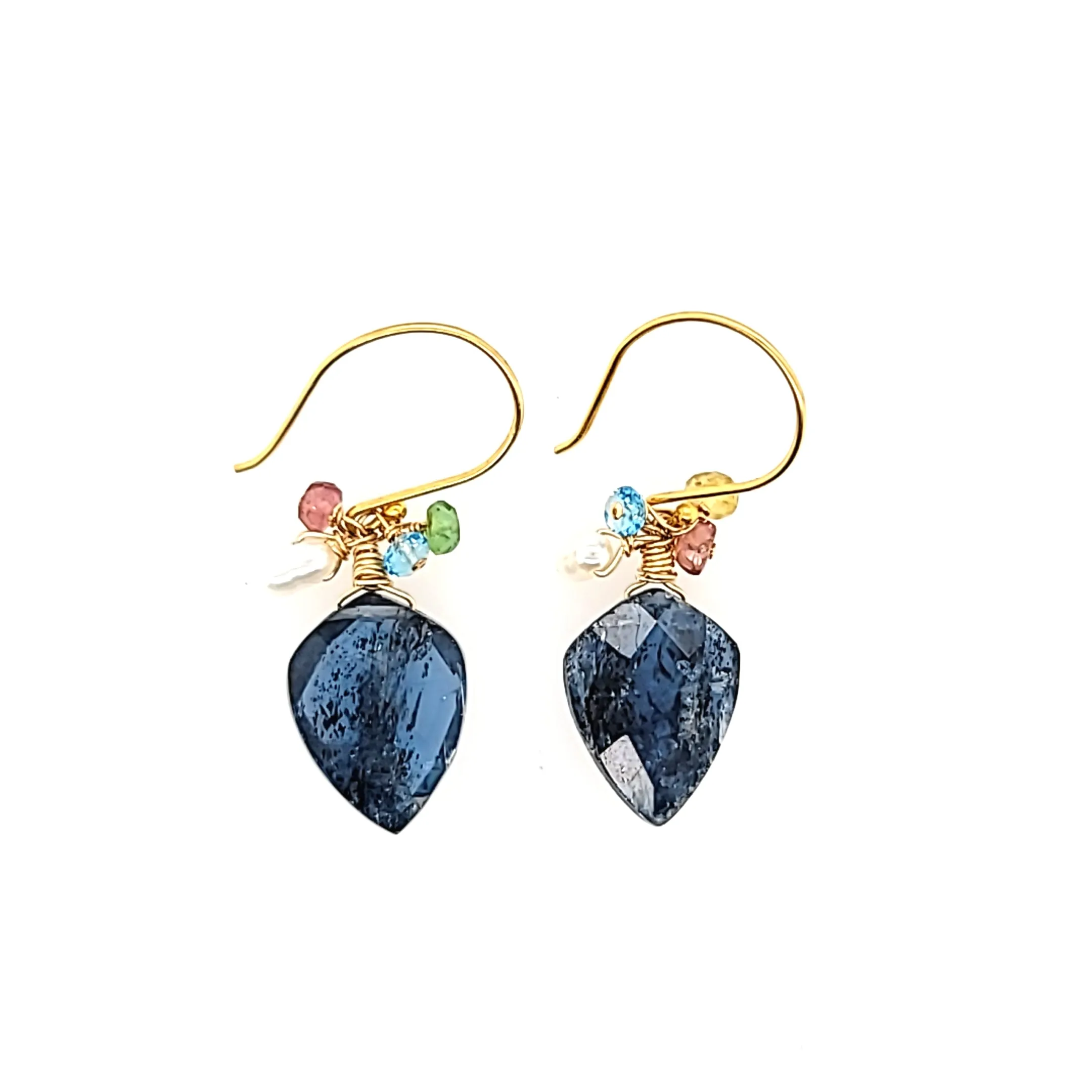 AVF Gold Kyanite Point & Blue Topaz, Pearl, Citrine & Pink Tourmaline Bead Cluster Earrings (SI2926)