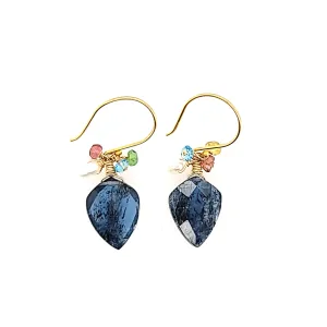 AVF Gold Kyanite Point & Blue Topaz, Pearl, Citrine & Pink Tourmaline Bead Cluster Earrings (SI2926)