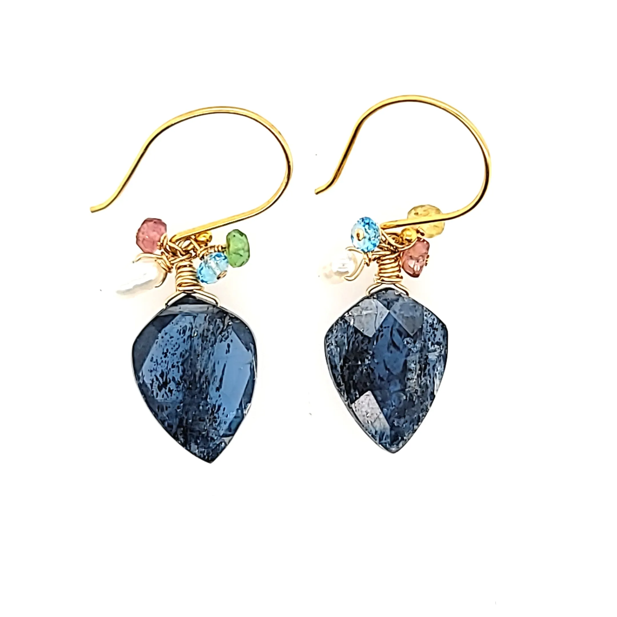 AVF Gold Kyanite Point & Blue Topaz, Pearl, Citrine & Pink Tourmaline Bead Cluster Earrings (SI2926)