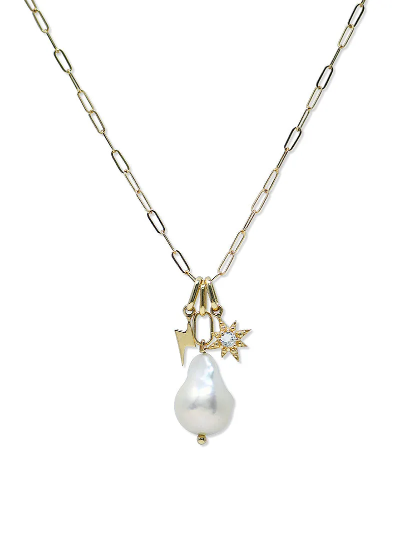 Aztec Paperclip Pearl Charm Necklace