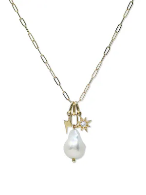 Aztec Paperclip Pearl Charm Necklace