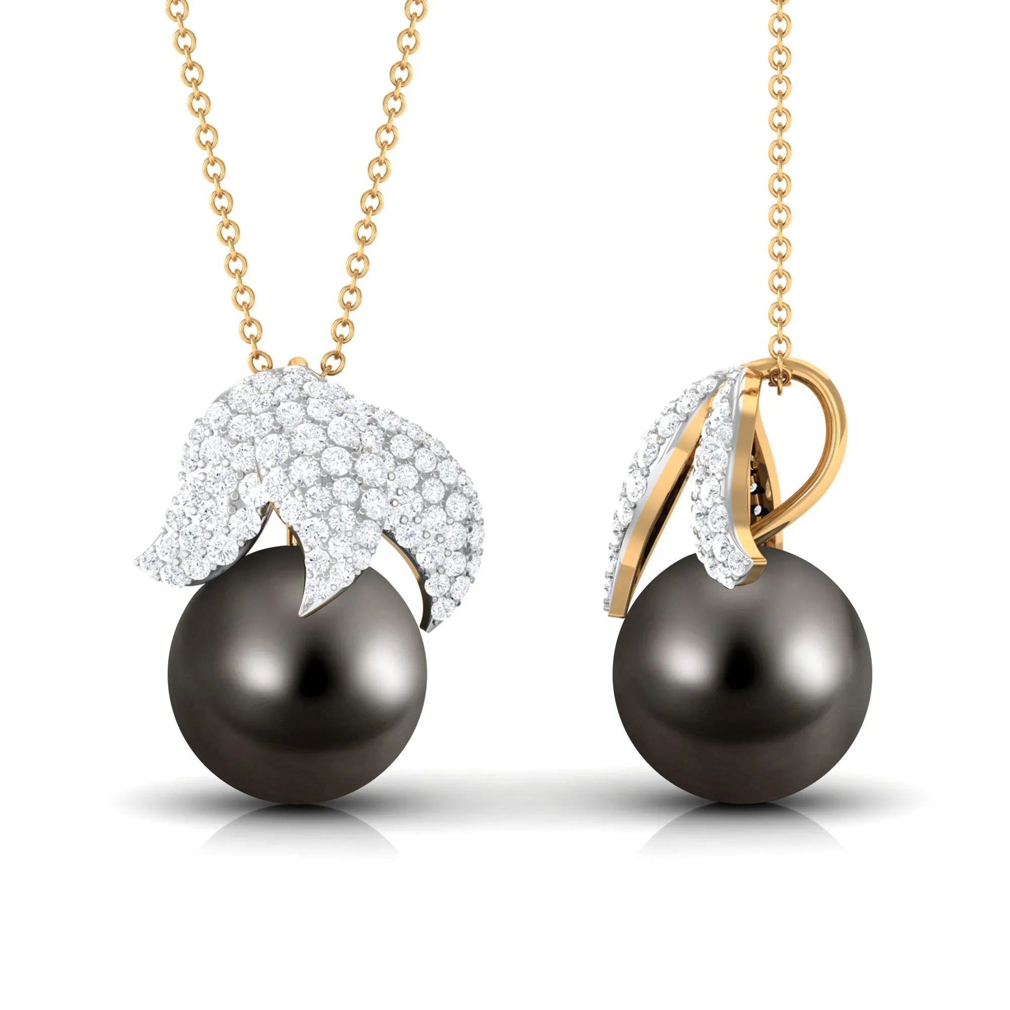 Black Tahitian Pearl and Diamond Leaf Pendant Necklace
