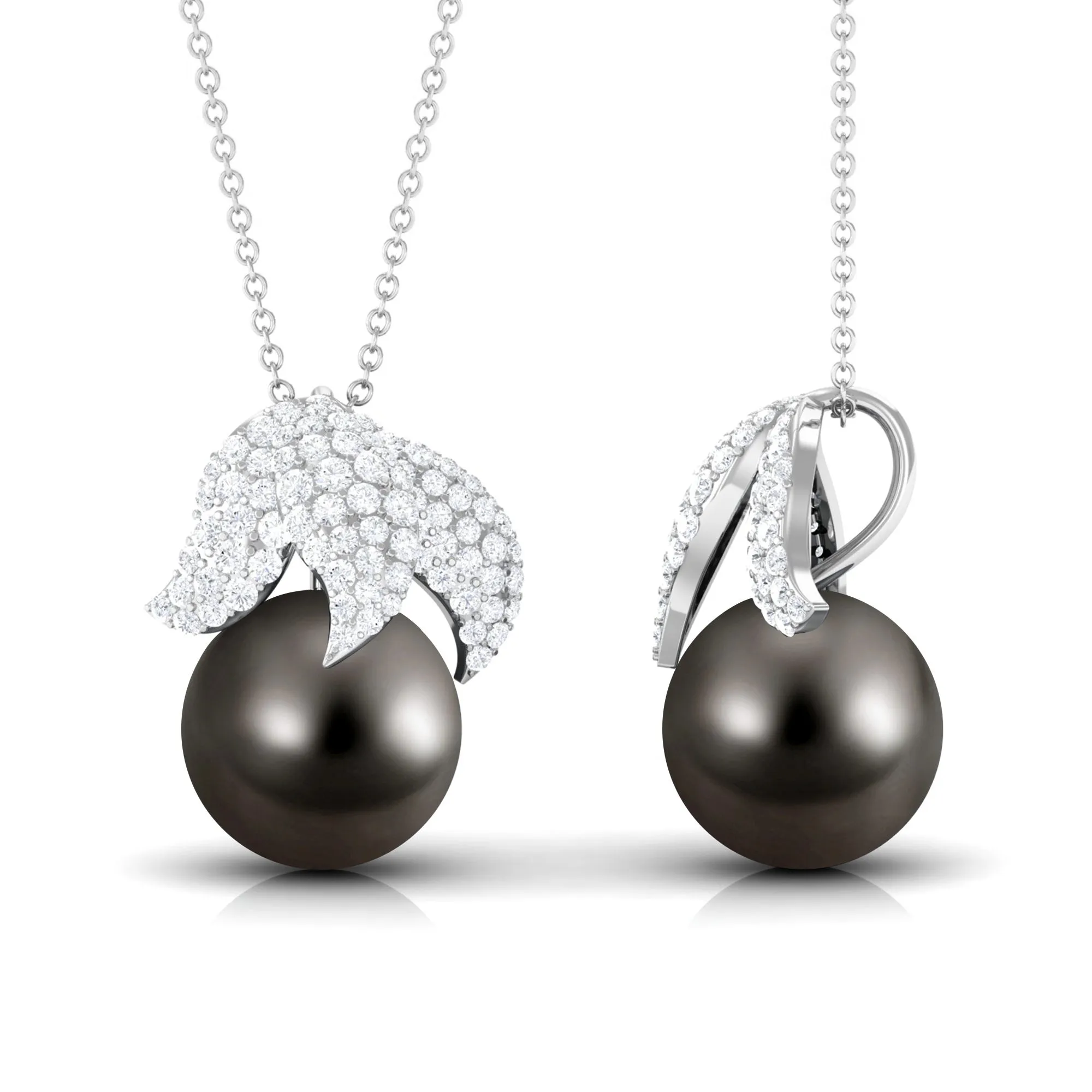 Black Tahitian Pearl and Diamond Leaf Pendant Necklace