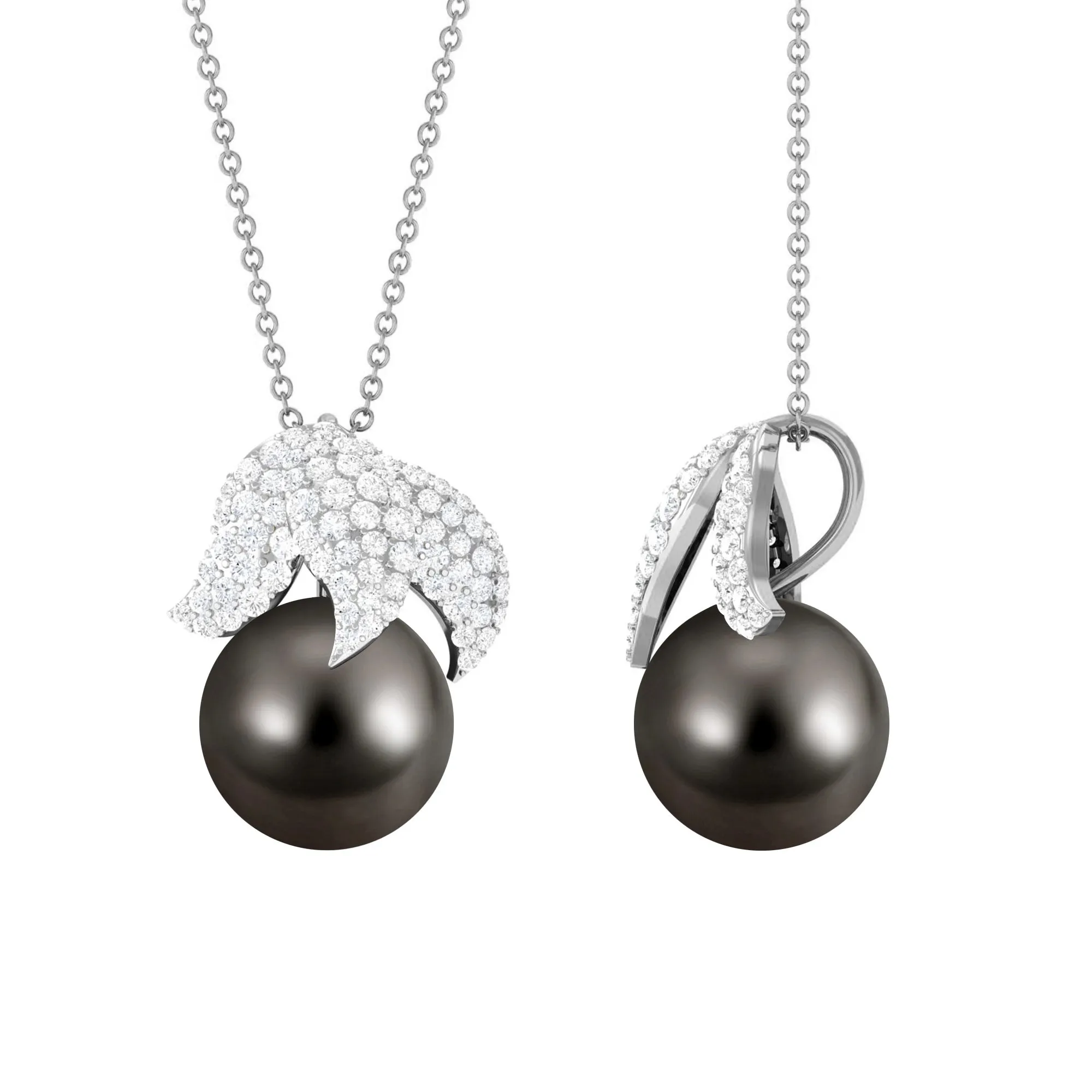 Black Tahitian Pearl and Diamond Leaf Pendant Necklace