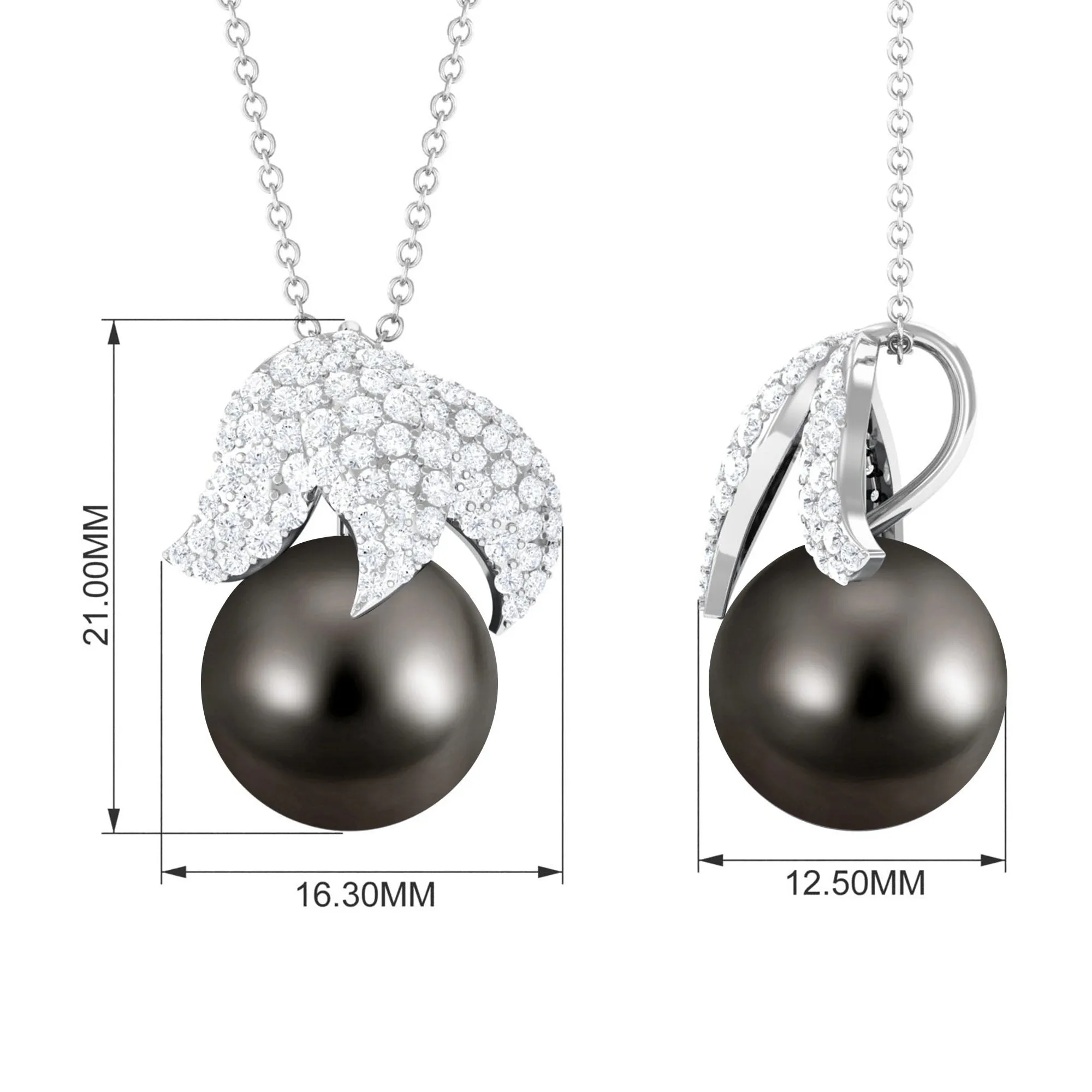 Black Tahitian Pearl and Diamond Leaf Pendant Necklace