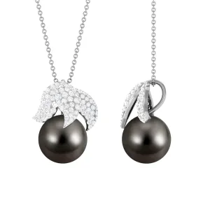 Black Tahitian Pearl and Diamond Leaf Pendant Necklace