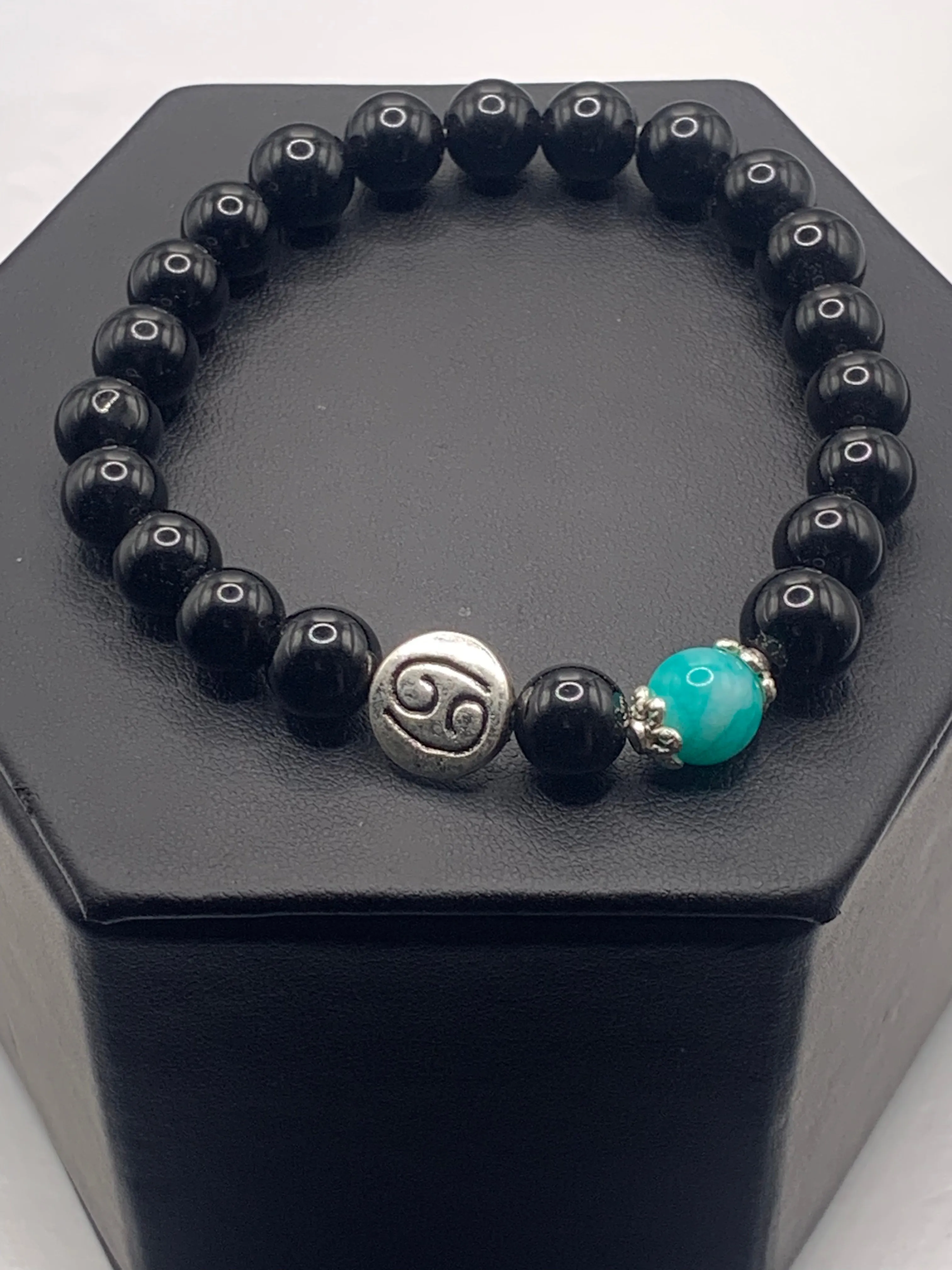 Cancer Zodiac black obsidian with aquamarine chalcedony semi precious stone/crystal elastic beaded bracelet with silver accents