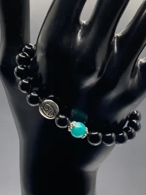 Cancer Zodiac black obsidian with aquamarine chalcedony semi precious stone/crystal elastic beaded bracelet with silver accents