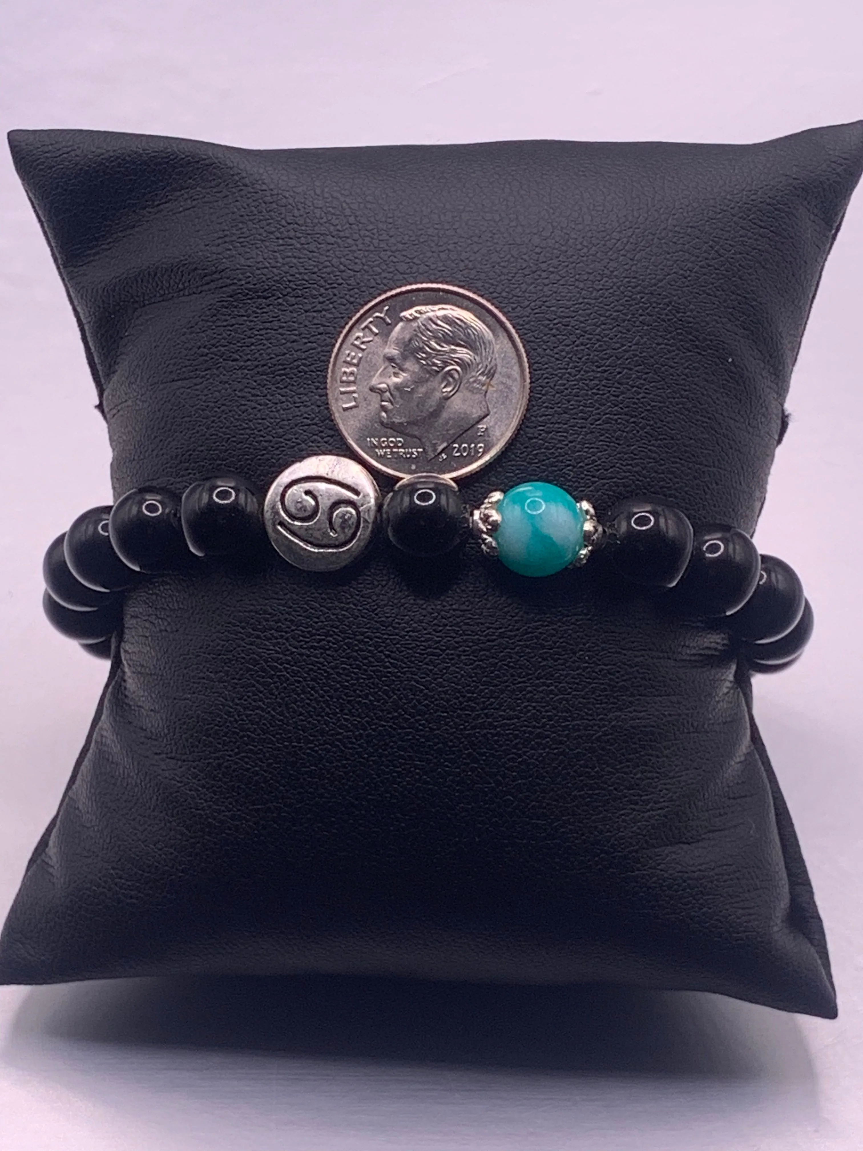 Cancer Zodiac black obsidian with aquamarine chalcedony semi precious stone/crystal elastic beaded bracelet with silver accents