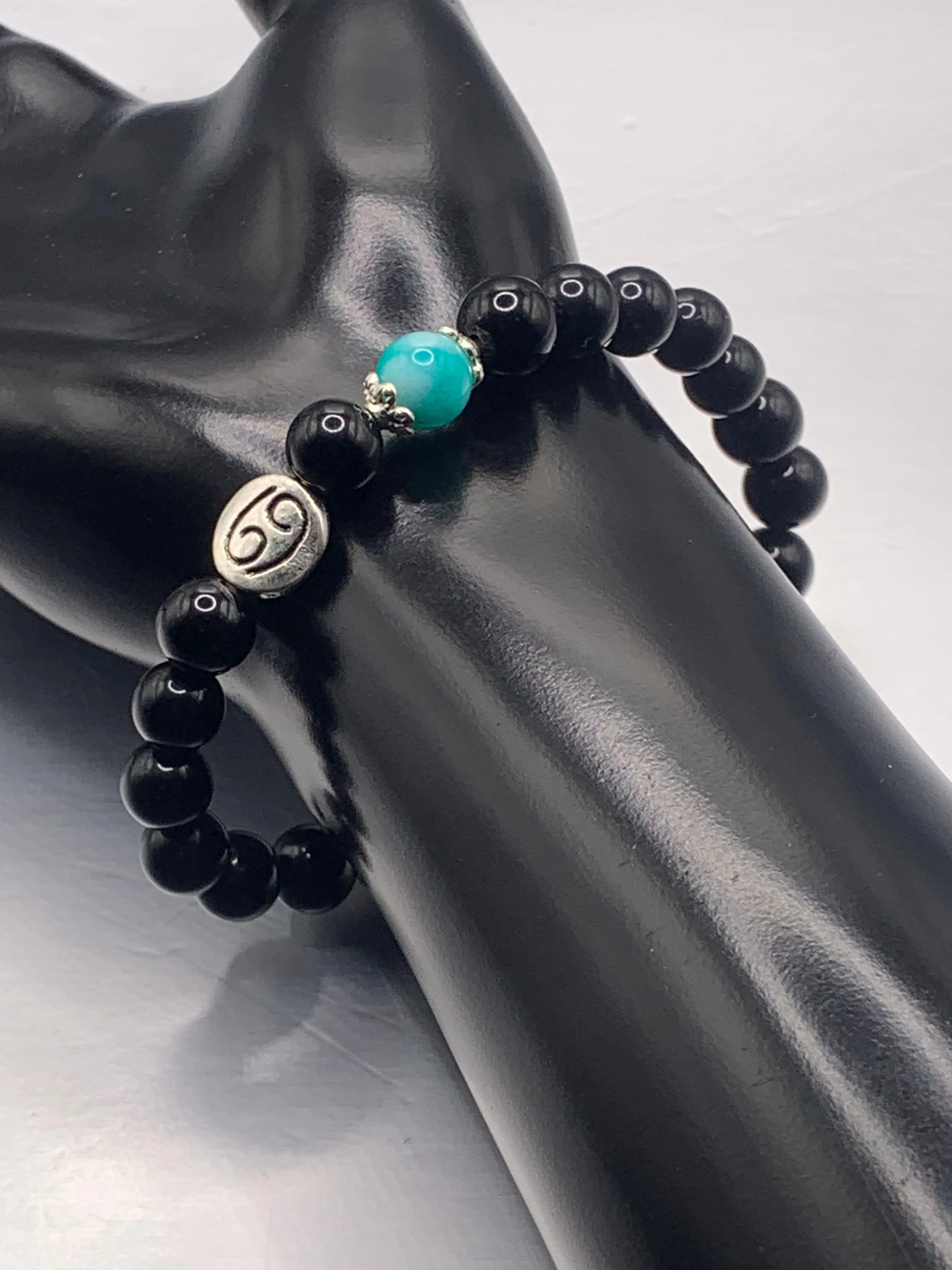 Cancer Zodiac black obsidian with aquamarine chalcedony semi precious stone/crystal elastic beaded bracelet with silver accents