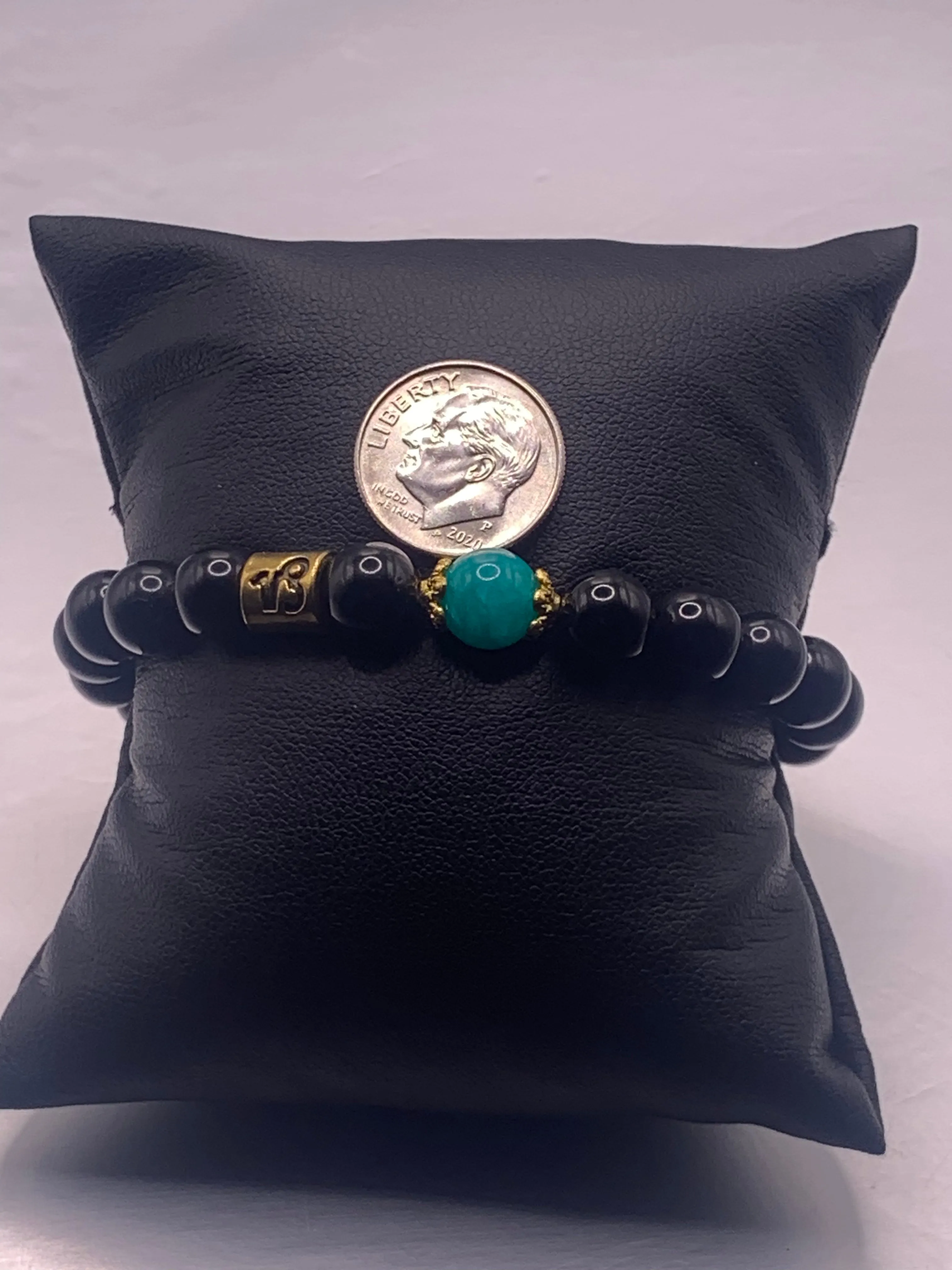 Capricorn Zodiac black obsidian with aquamarine chalcedony elastic beaded bracelet with gold accents