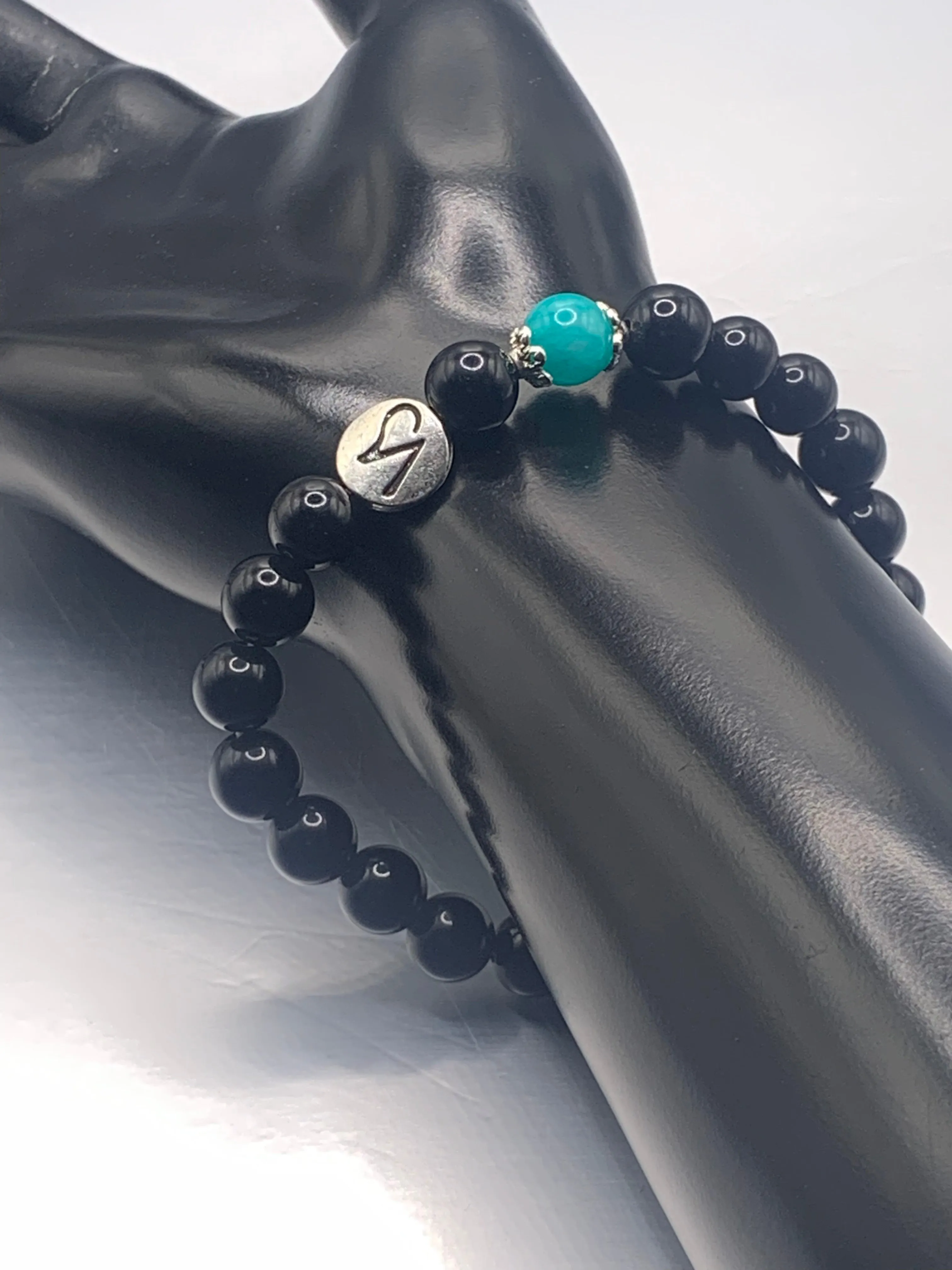 Capricorn Zodiac black obsidian with aquamarine chalcedony elastic beaded bracelet with silver accents