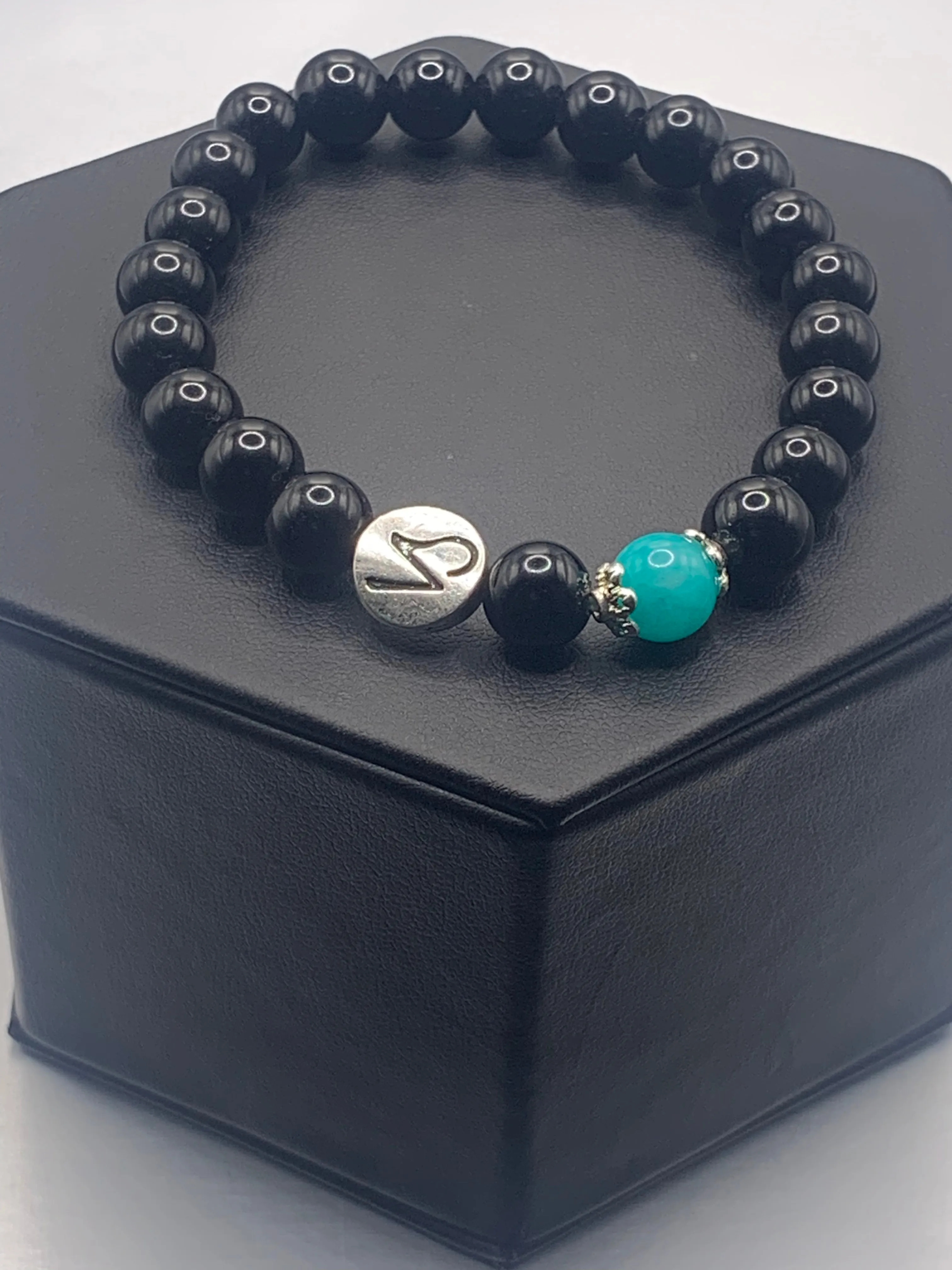 Capricorn Zodiac black obsidian with aquamarine chalcedony elastic beaded bracelet with silver accents