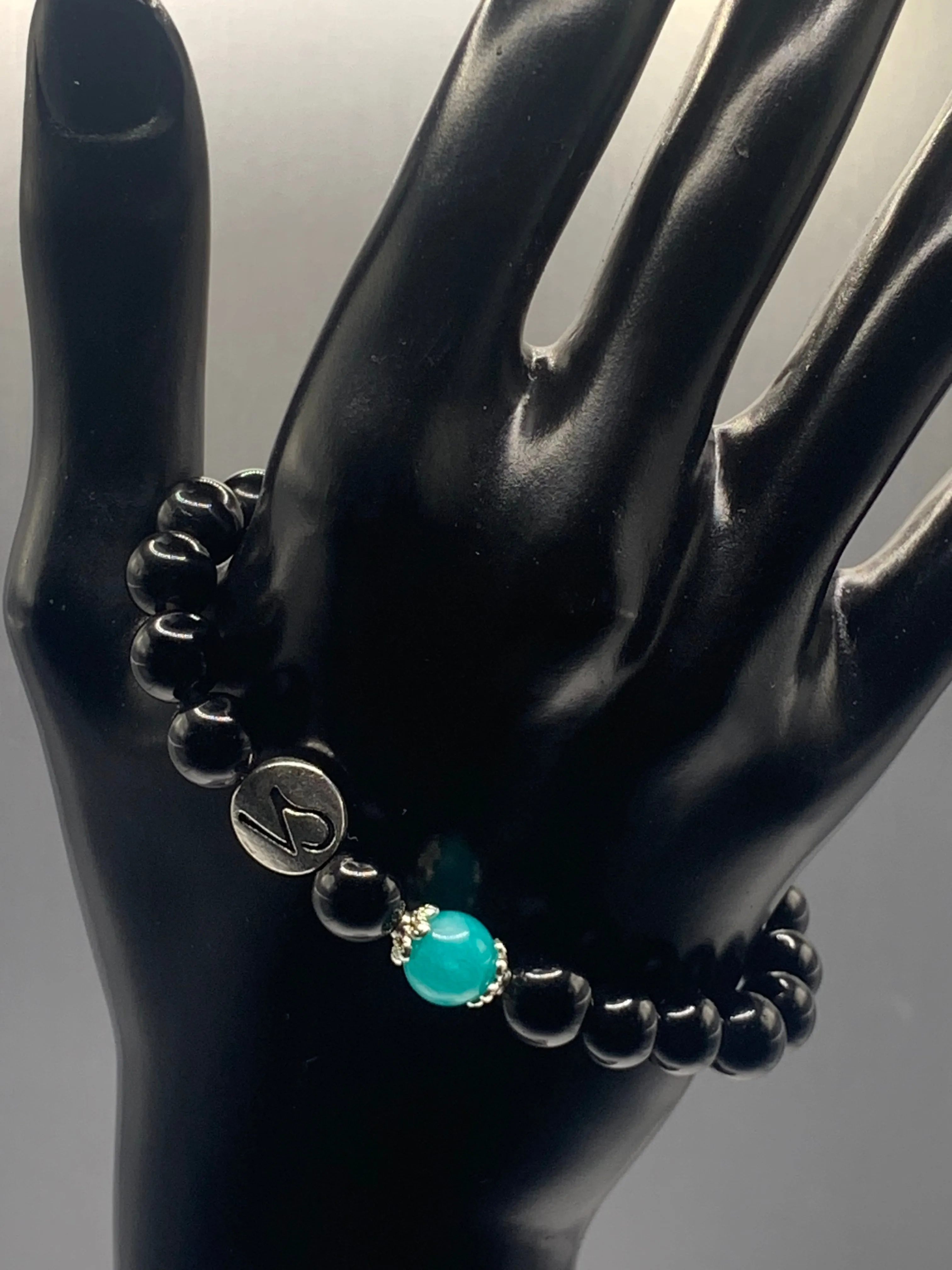 Capricorn Zodiac black obsidian with aquamarine chalcedony elastic beaded bracelet with silver accents