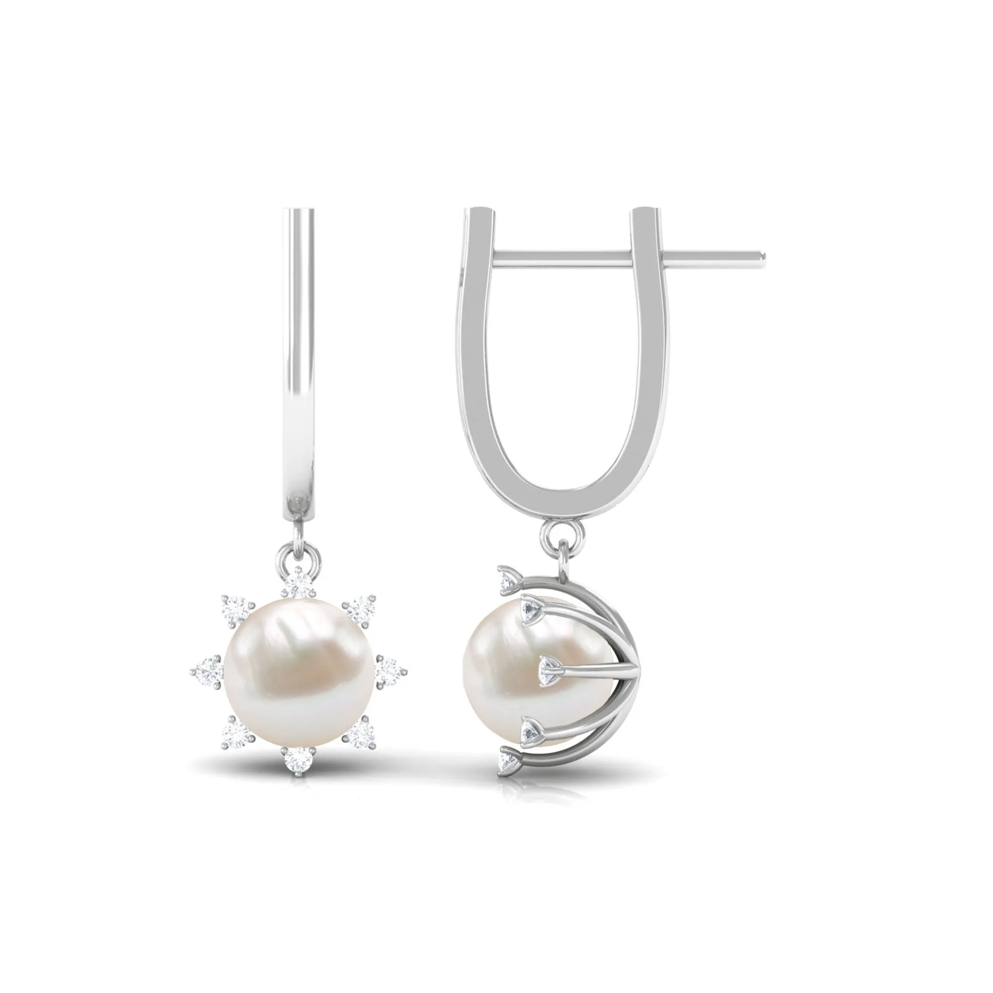Classic Freshwater Pearl and Diamond Drop Earrings with Lever Back