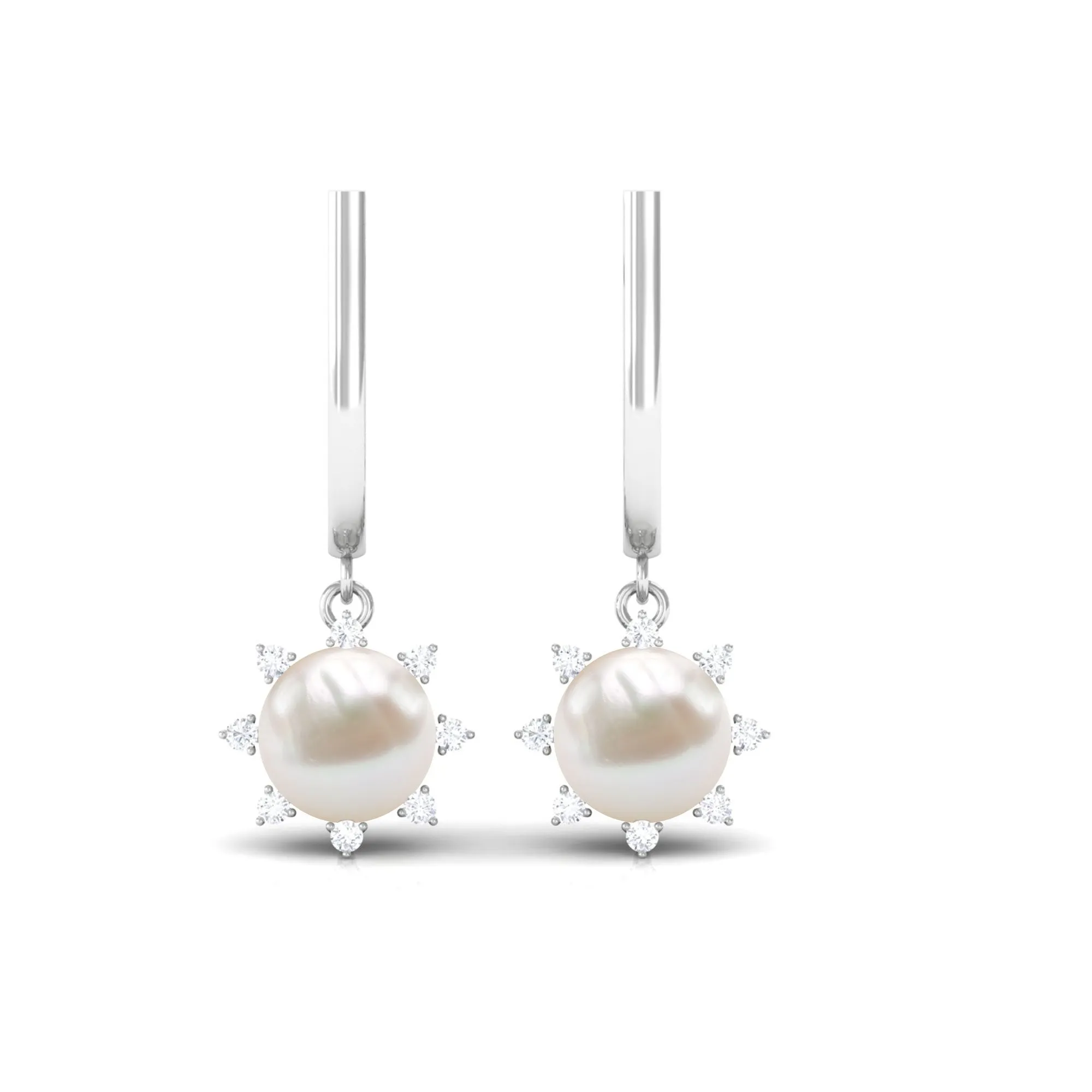Classic Freshwater Pearl and Diamond Drop Earrings with Lever Back