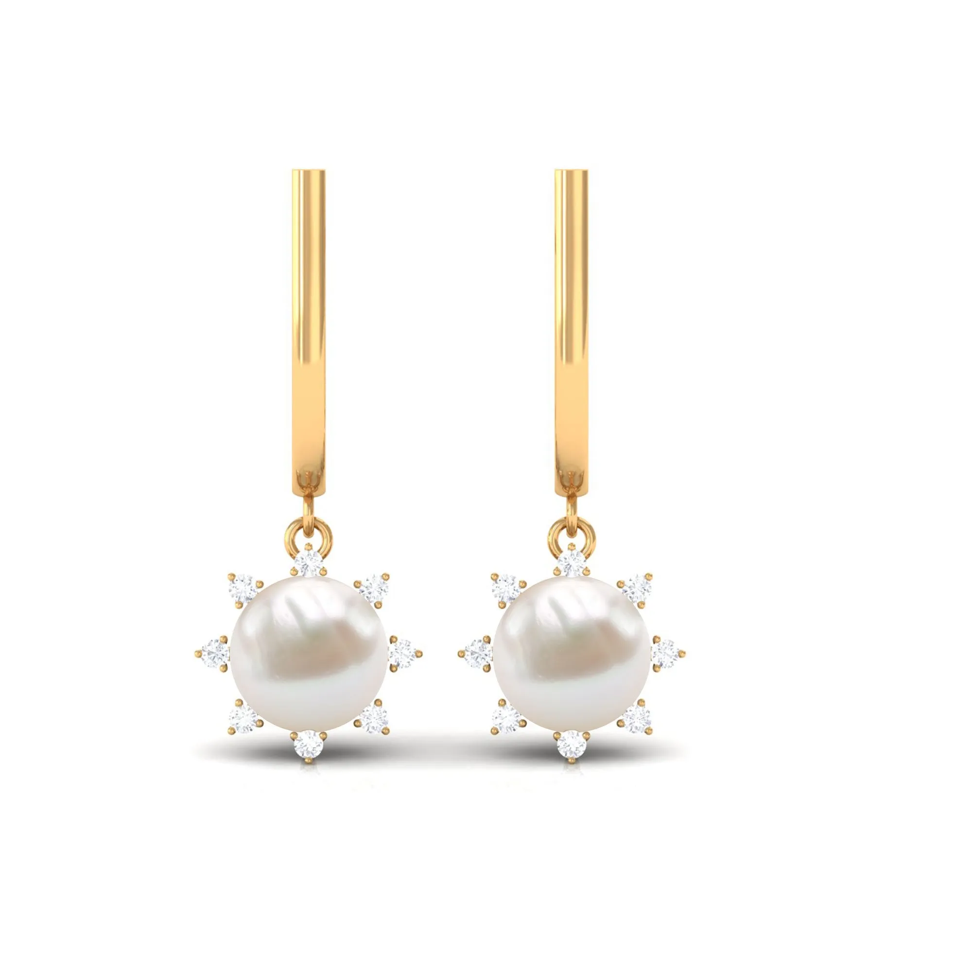 Classic Freshwater Pearl and Diamond Drop Earrings with Lever Back