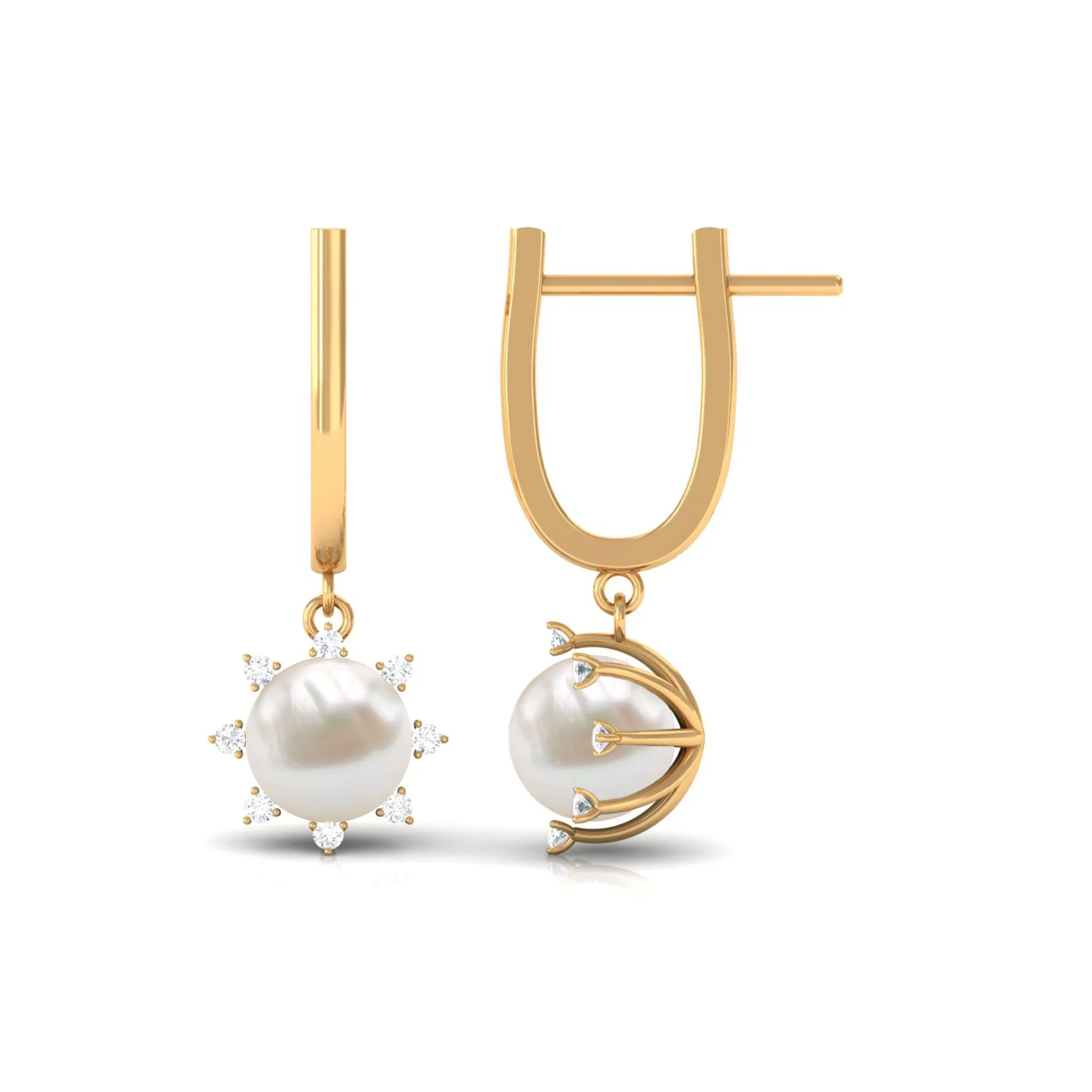 Classic Freshwater Pearl and Diamond Drop Earrings with Lever Back
