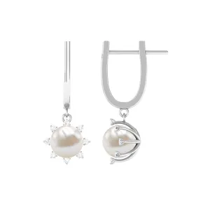 Classic Freshwater Pearl and Diamond Drop Earrings with Lever Back
