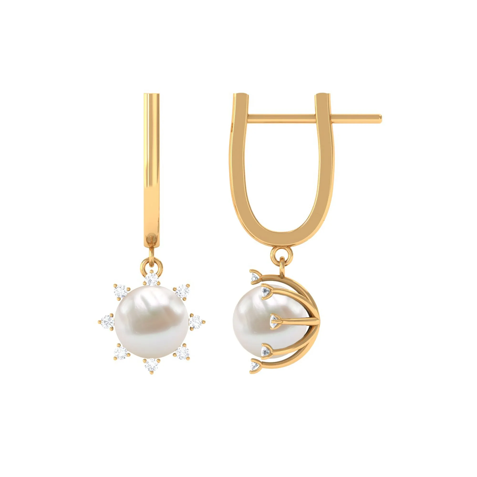 Classic Freshwater Pearl and Diamond Drop Earrings with Lever Back