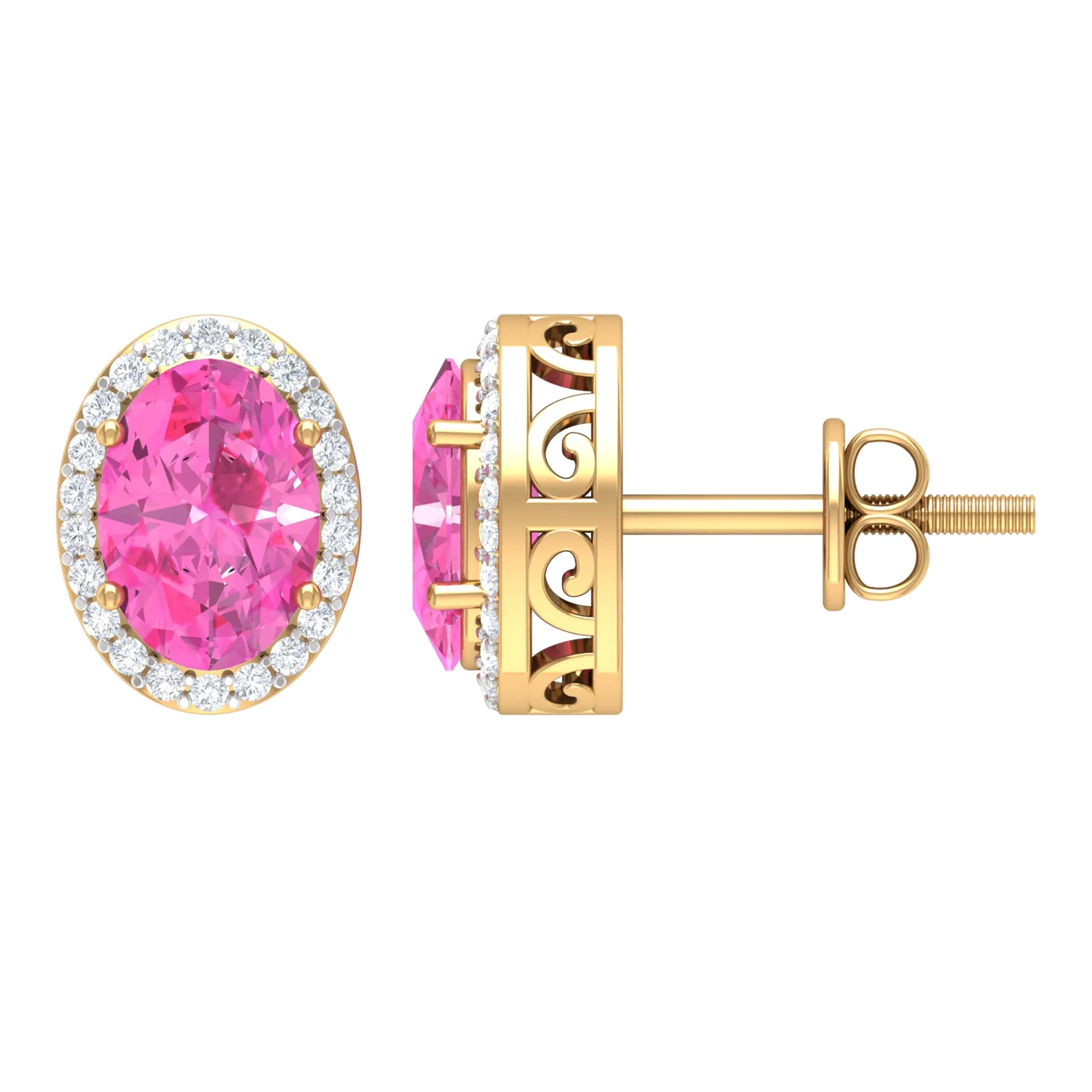 Classic Oval Cut Pink Sapphire and Diamond Halo Stud Earrings