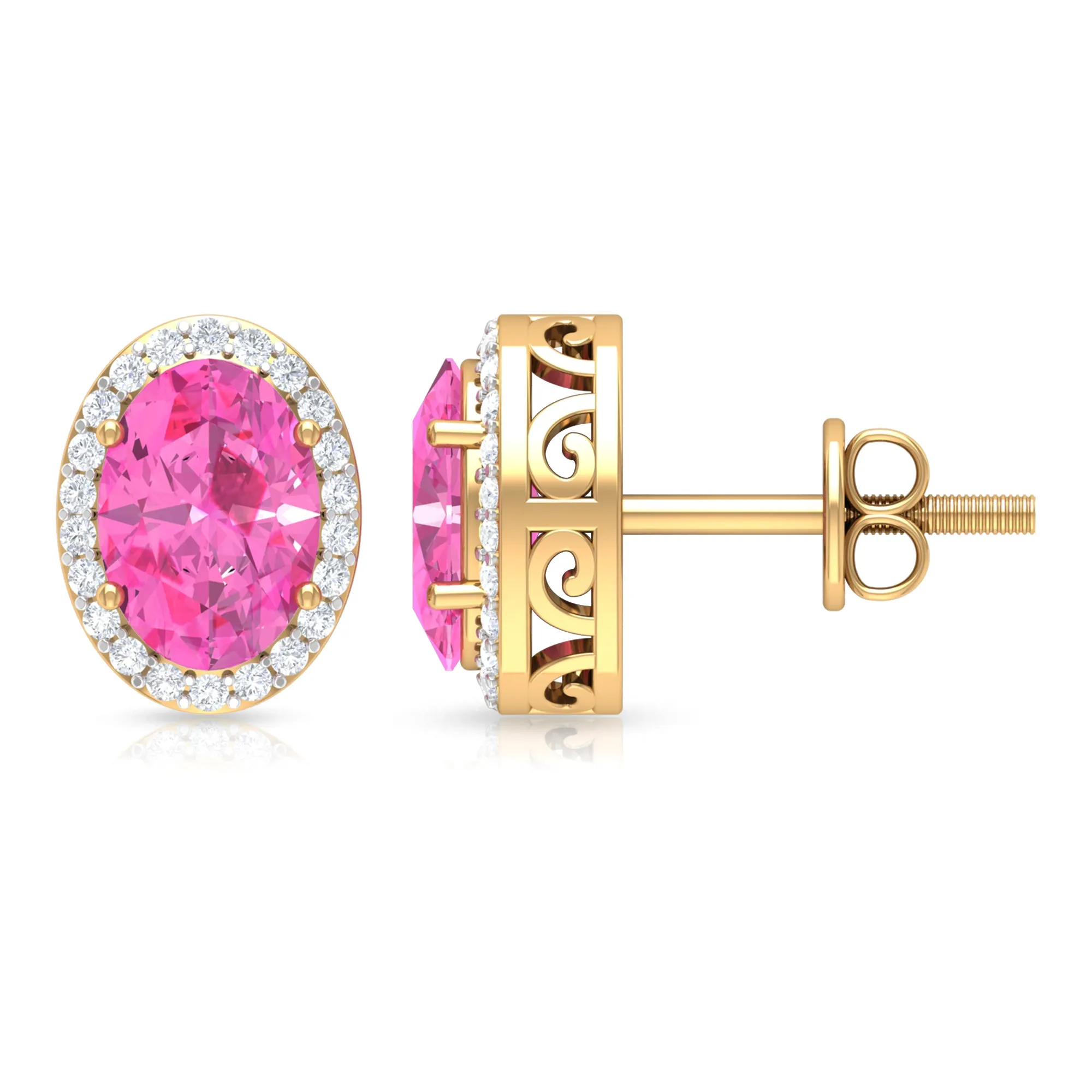 Classic Oval Cut Pink Sapphire and Diamond Halo Stud Earrings