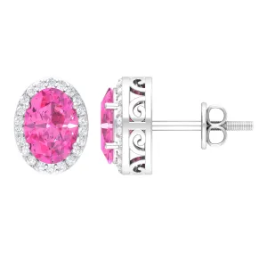 Classic Oval Cut Pink Sapphire and Diamond Halo Stud Earrings